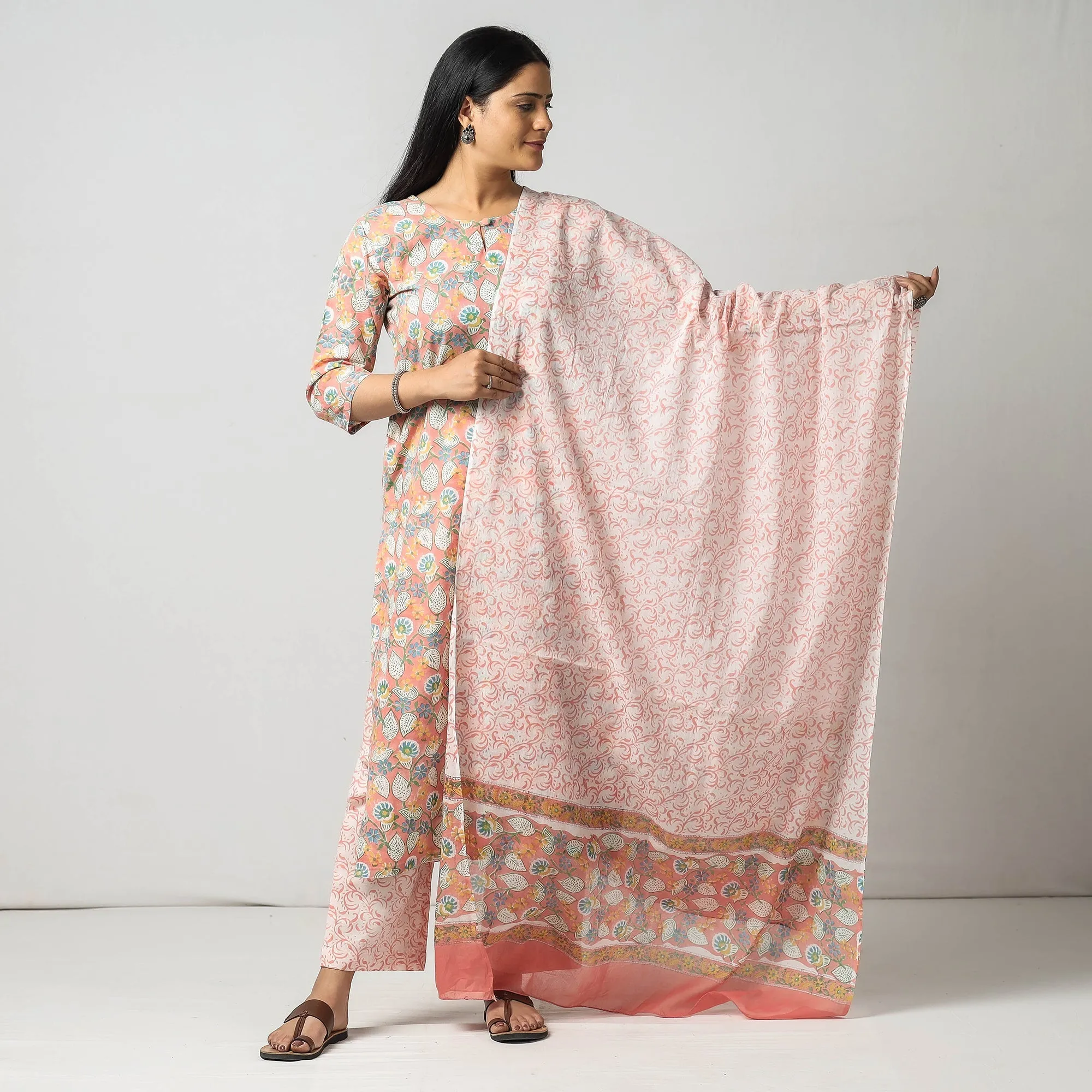 Orange - Sanganeri Block Printing Cotton Kurta with Palazzo & Dupatta Set sold by Itokri product image thumbnail 3