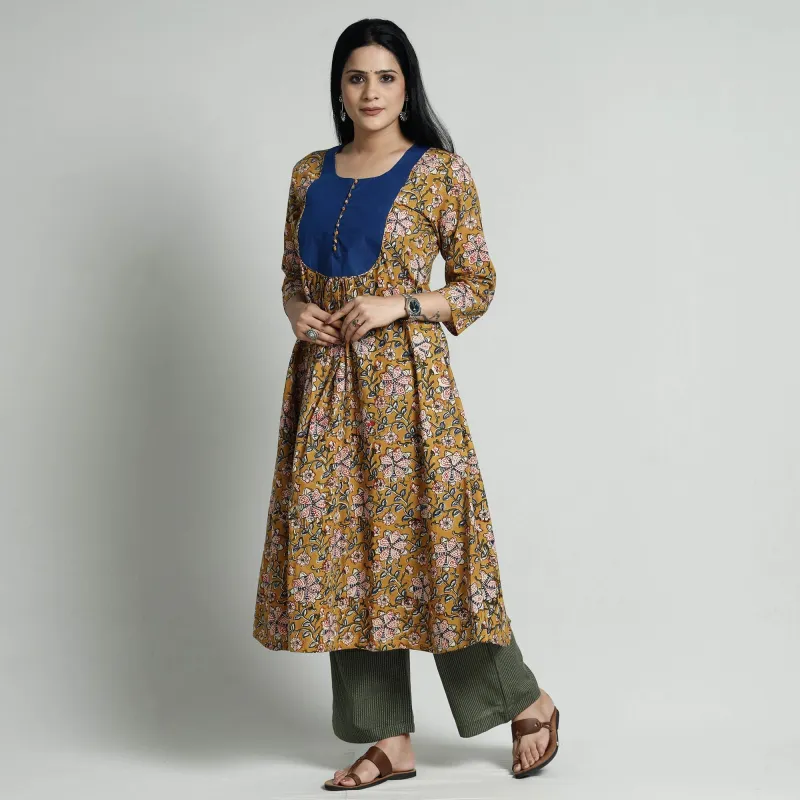 Brown - Bagru Block Printed Cotton Kurta with Palazzo Set made by Itokri