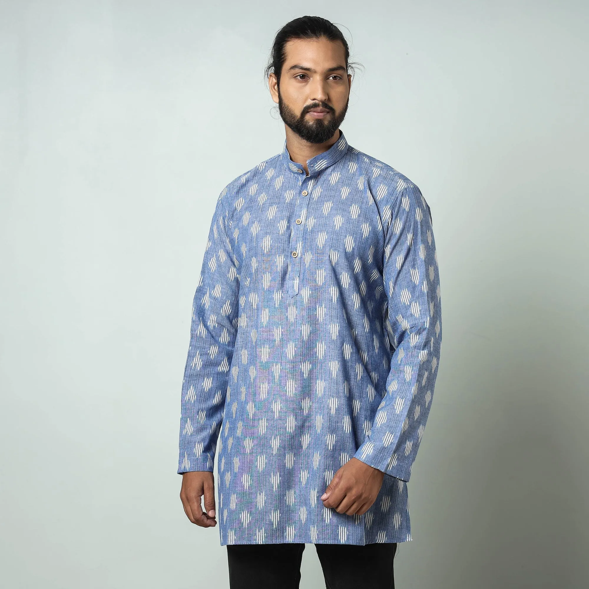 Blue - Lavender - Pochampally Ikat weave Cotton Men's Short Kurta sold by Itokri