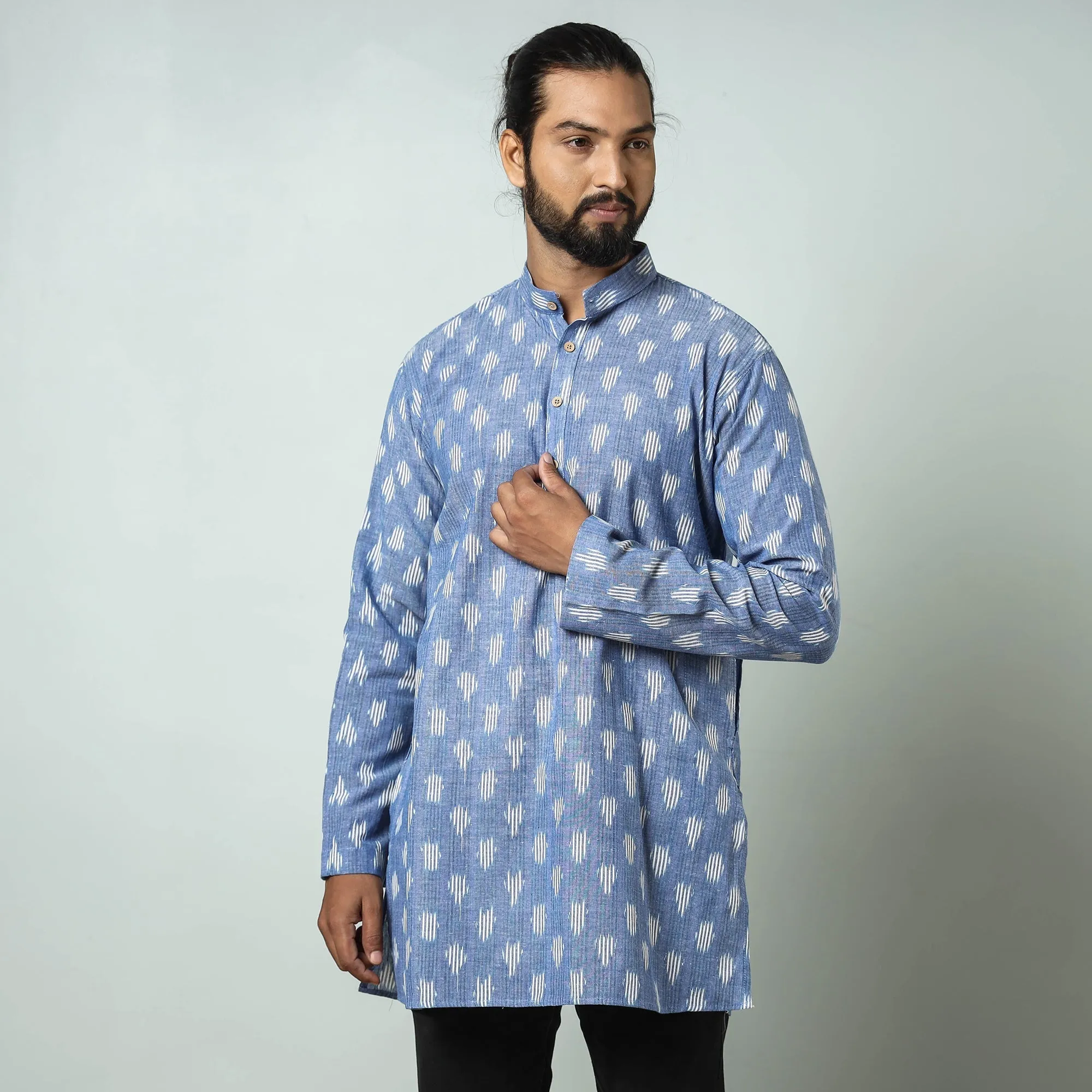 Blue - Lavender - Pochampally Ikat weave Cotton Men's Short Kurta sold by Itokri product image thumbnail 2