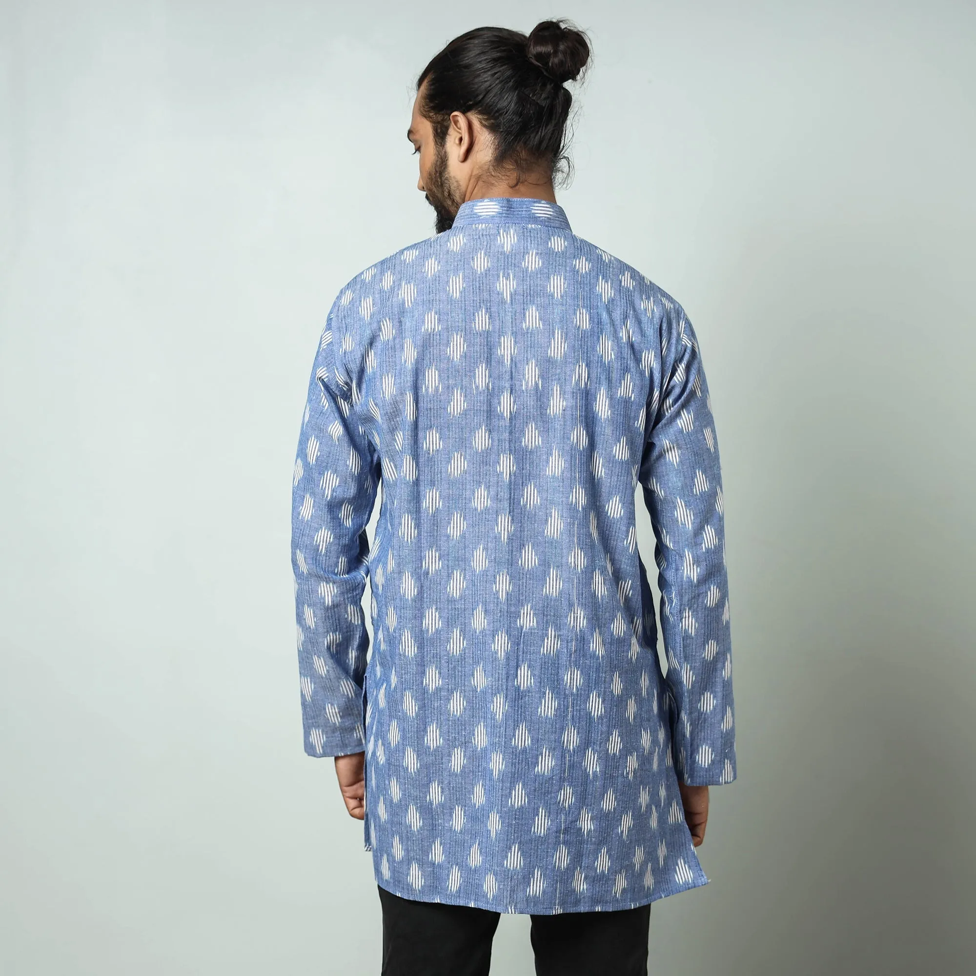 Blue - Lavender - Pochampally Ikat weave Cotton Men's Short Kurta sold by Itokri product image thumbnail 5