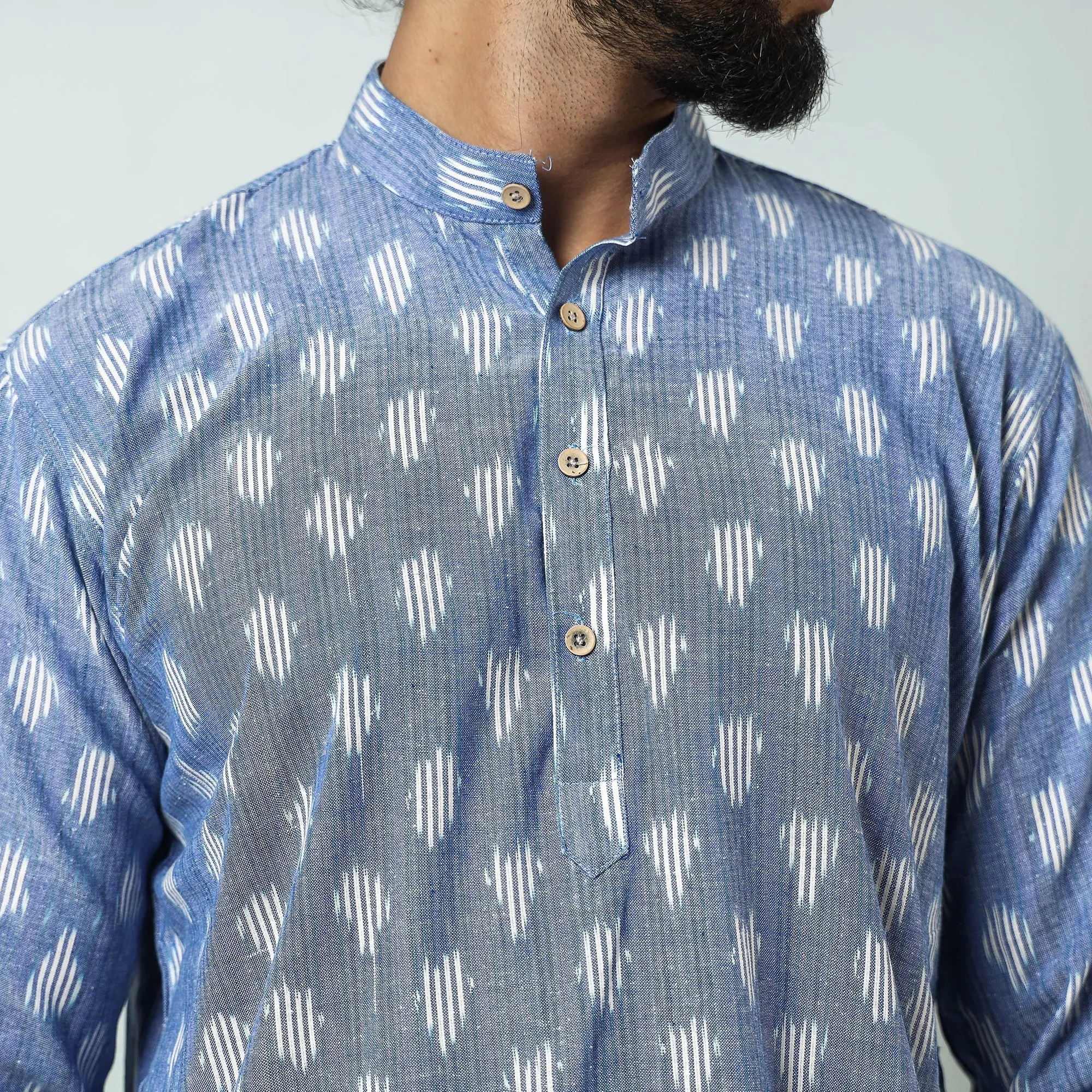 Blue - Lavender - Pochampally Ikat weave Cotton Men's Short Kurta sold by Itokri product image thumbnail 3