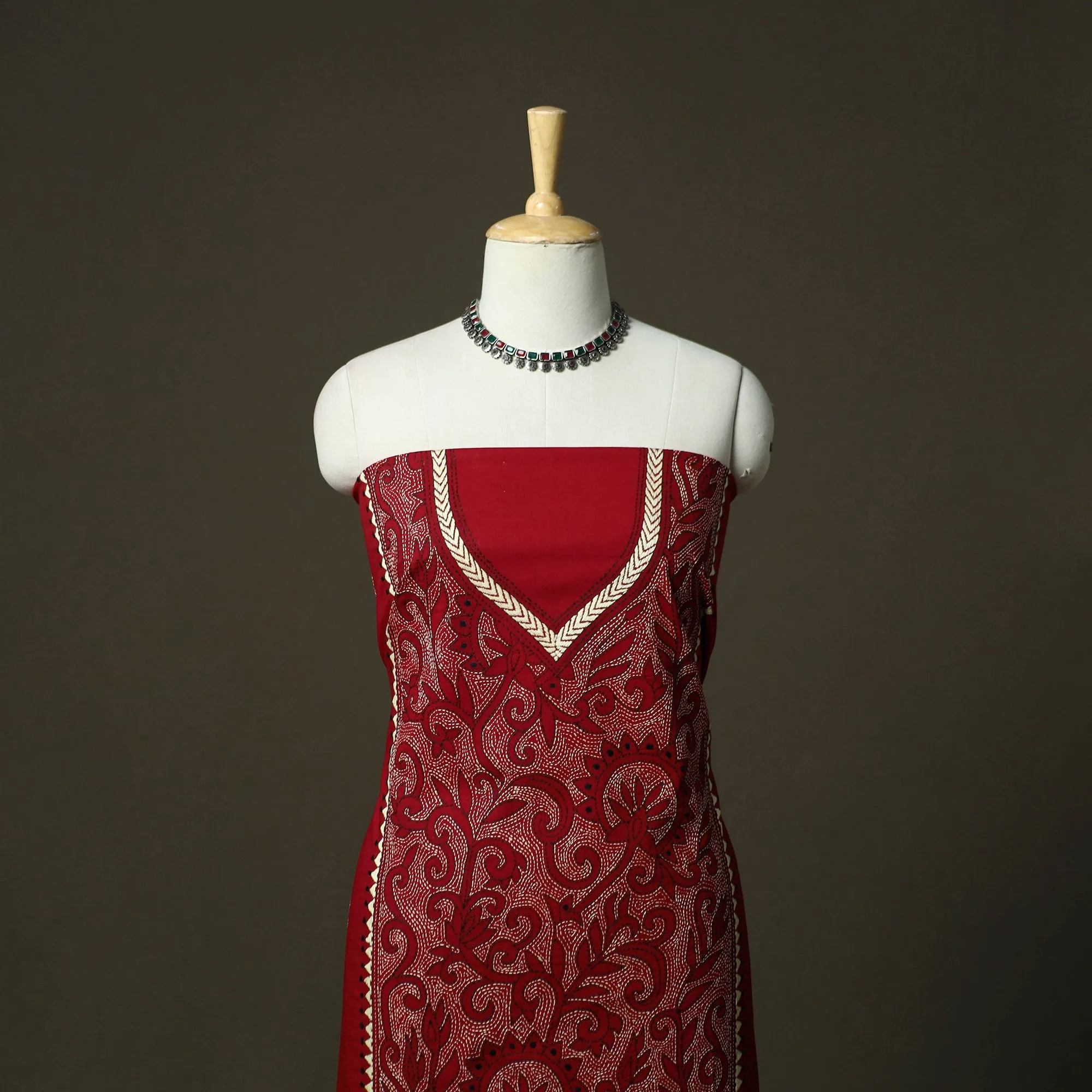 Red - Bengal Kantha Hand Embroidered Cotton Unstitched Kurta Material (2.5M) 03 sold by Itokri product image thumbnail 2