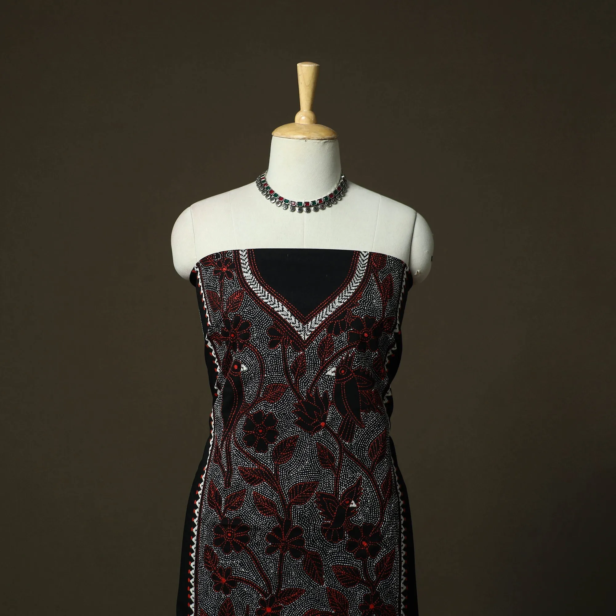 Black - Bengal Kantha Hand Embroidered Cotton Unstitched Kurta Material (2.5M) 55 sold by Itokri product image thumbnail 2