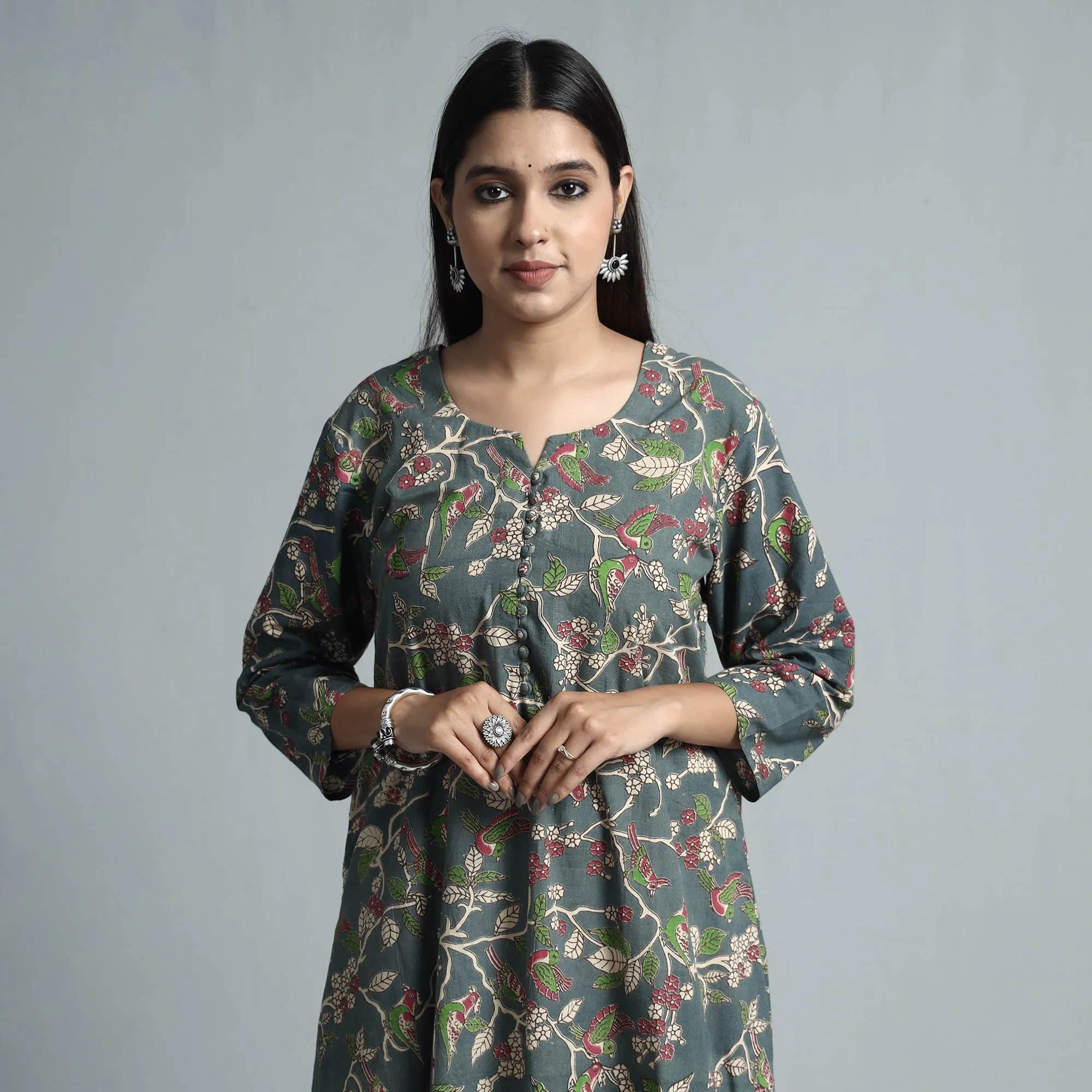 Grey - Kalamkari Printed Cotton Kurta sold by Itokri
