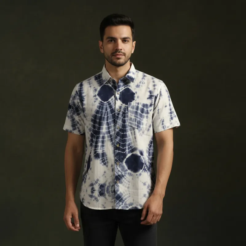 White - Pure Mul Cotton Half Sleeve Tie-Dye Men Shibori Shirt 05 sold by Itokri