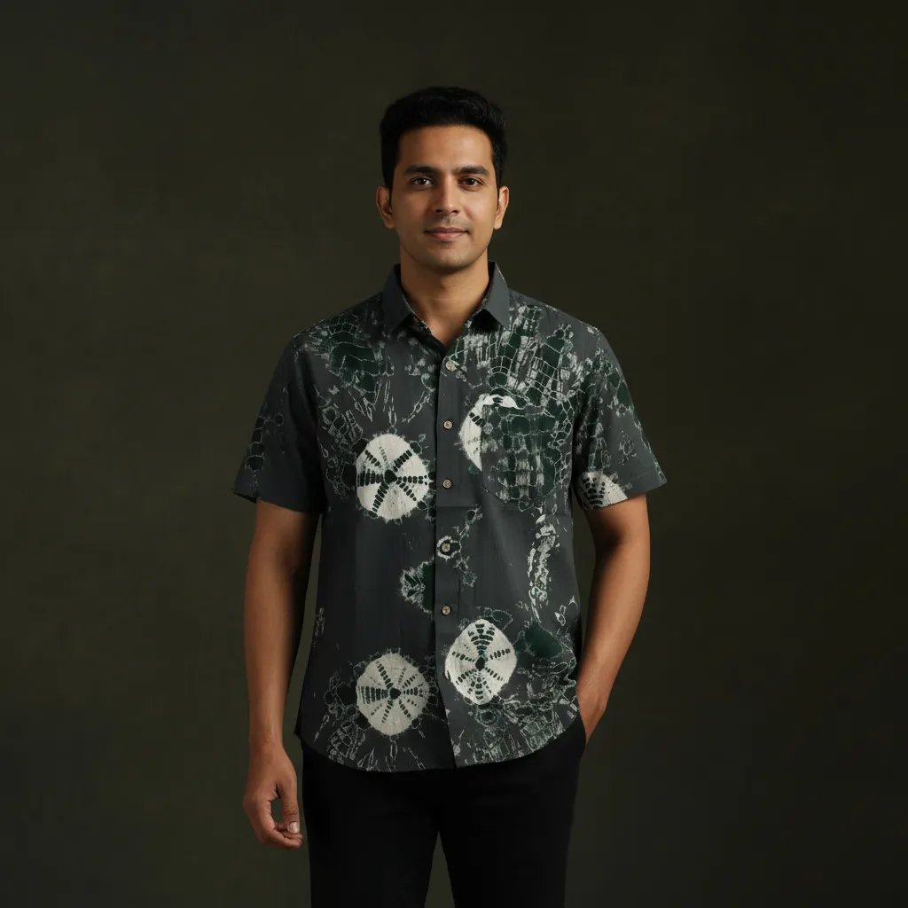 Black - Pure Cotton Half Sleeve Tie-Dye Men Shibori Shirt 03 sold by Itokri