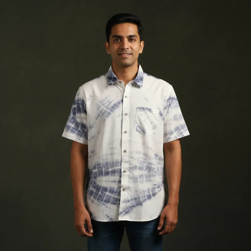 White - Pure Mul Cotton Half Sleeve Tie-Dye Men Shibori Shirt 09 sold by Itokri