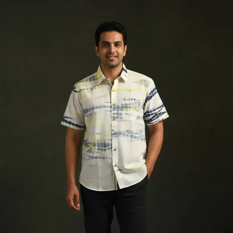 White - Pure Mul Cotton Half Sleeve Tie-Dye Men Shibori Shirt 10 made by Itokri