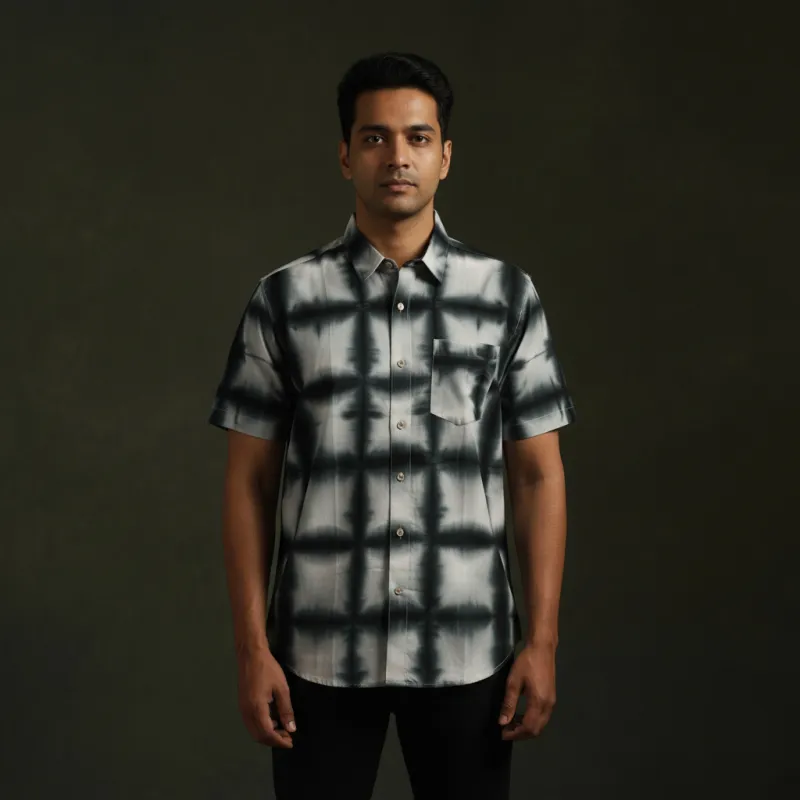 Black - Pure Mul Cotton Half Sleeve Tie-Dye Men Shibori Shirt 02 sold by Itokri