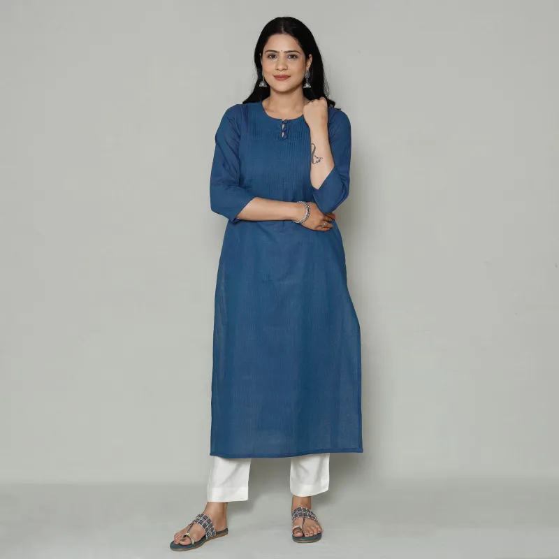 Blue Plain Cotton Pintuck Long Kurta made by Itokri