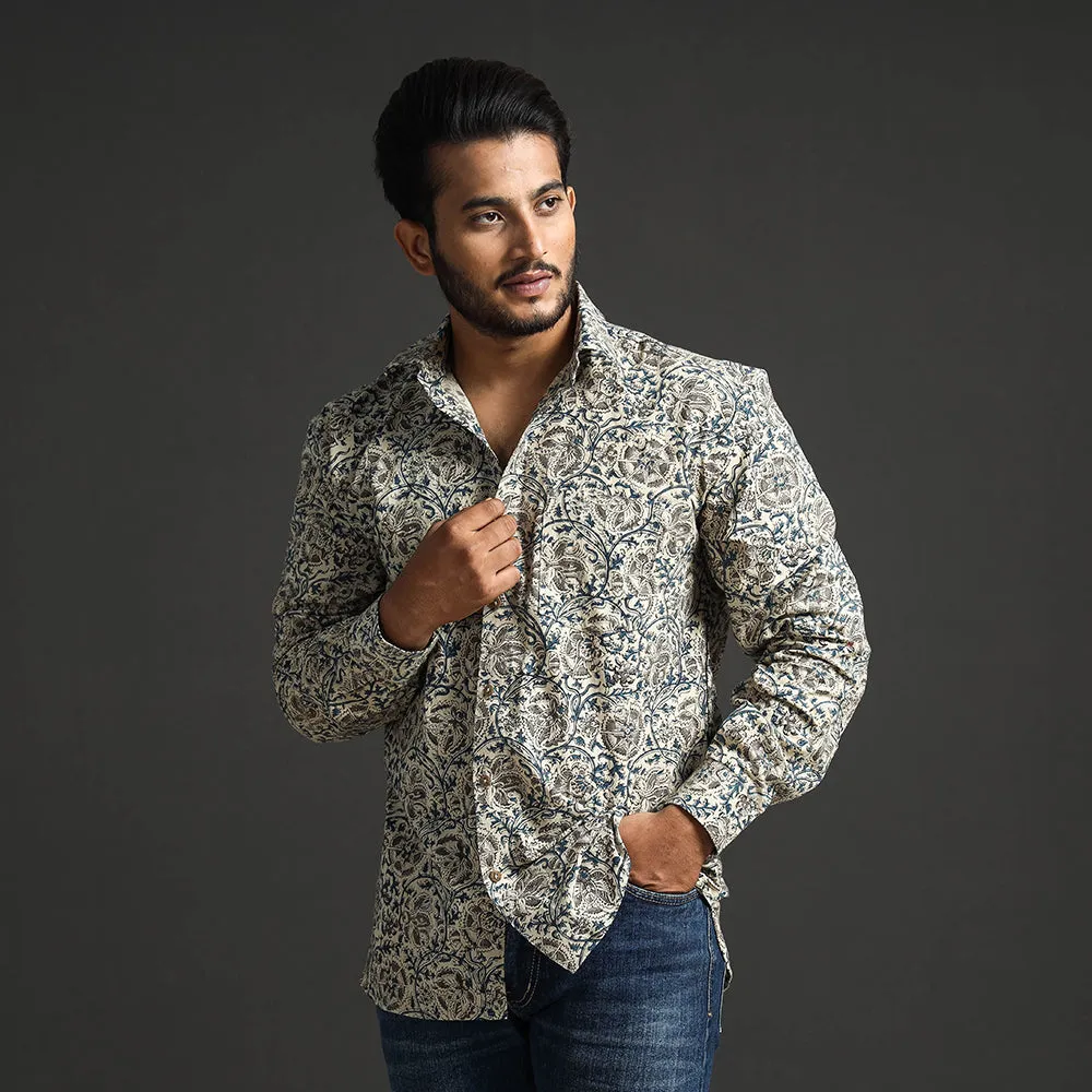 Beige - Premium Pedana Kalamkari Block Printed Cotton Men Full Sleeve Shirt sold by Itokri product image thumbnail 2