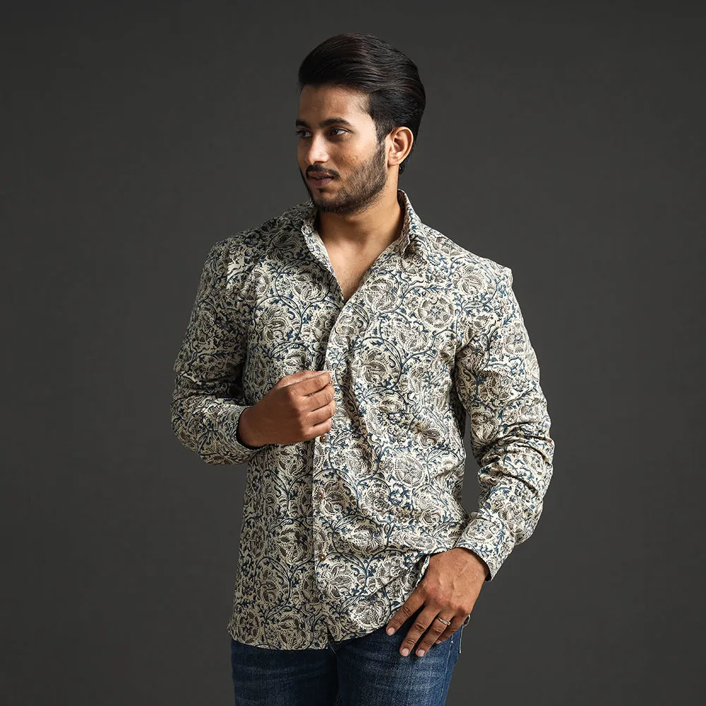 Beige - Premium Pedana Kalamkari Block Printed Cotton Men Full Sleeve Shirt sold by Itokri product image thumbnail 3