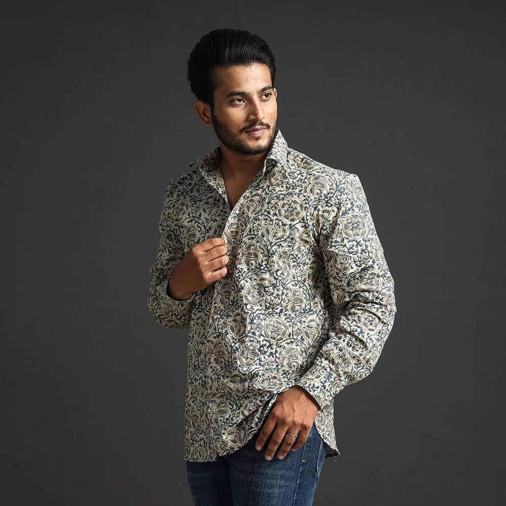 Beige - Premium Pedana Kalamkari Block Printed Cotton Men Full Sleeve Shirt sold by Itokri product image thumbnail 4