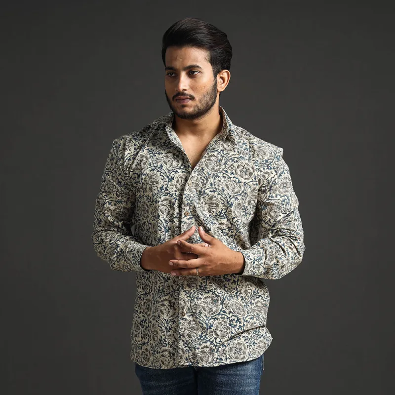 Beige - Premium Pedana Kalamkari Block Printed Cotton Men Full Sleeve Shirt sold by Itokri