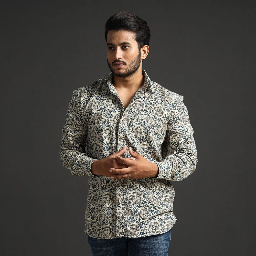 Beige - Premium Pedana Kalamkari Block Printed Cotton Men Full Sleeve Shirt sold by Itokri
