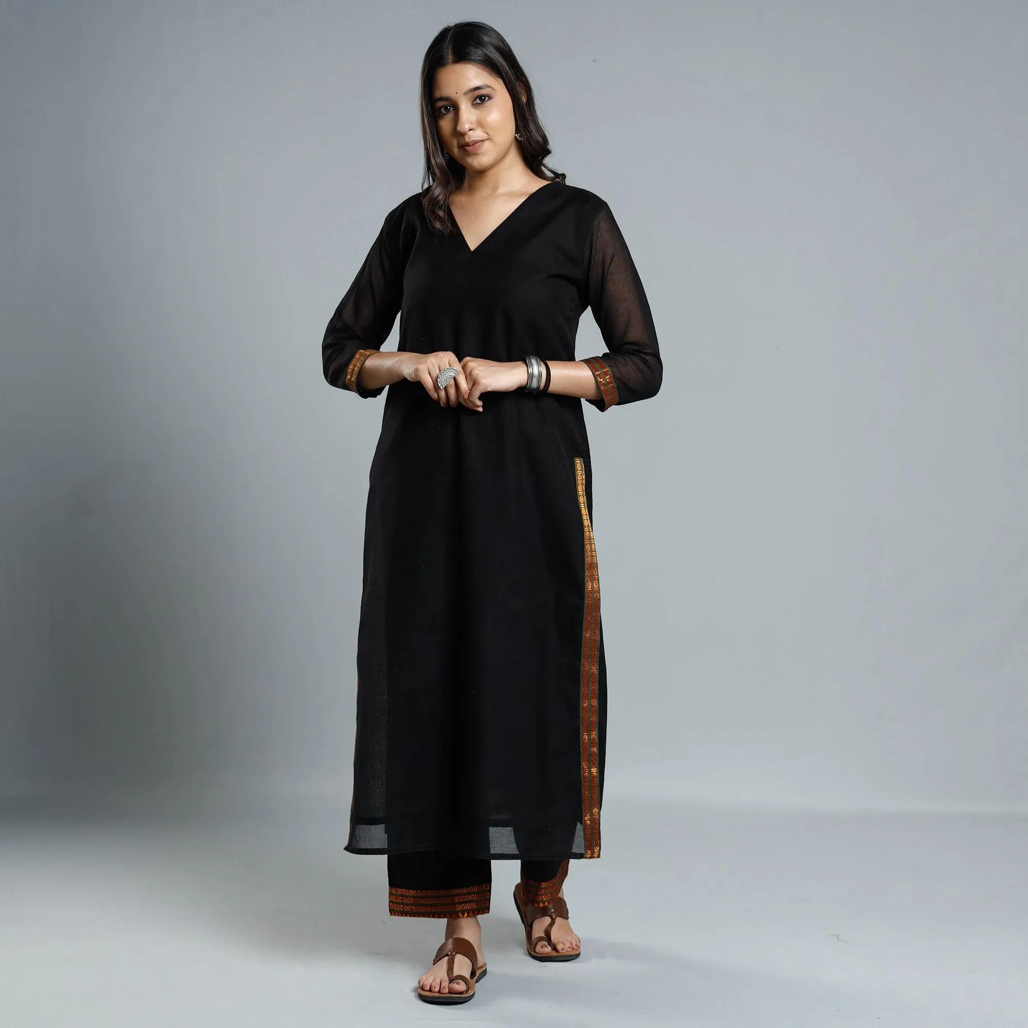 Black - Dharwad Cotton Kurta with Palazzo & Dupatta Set sold by Itokri product image thumbnail 3