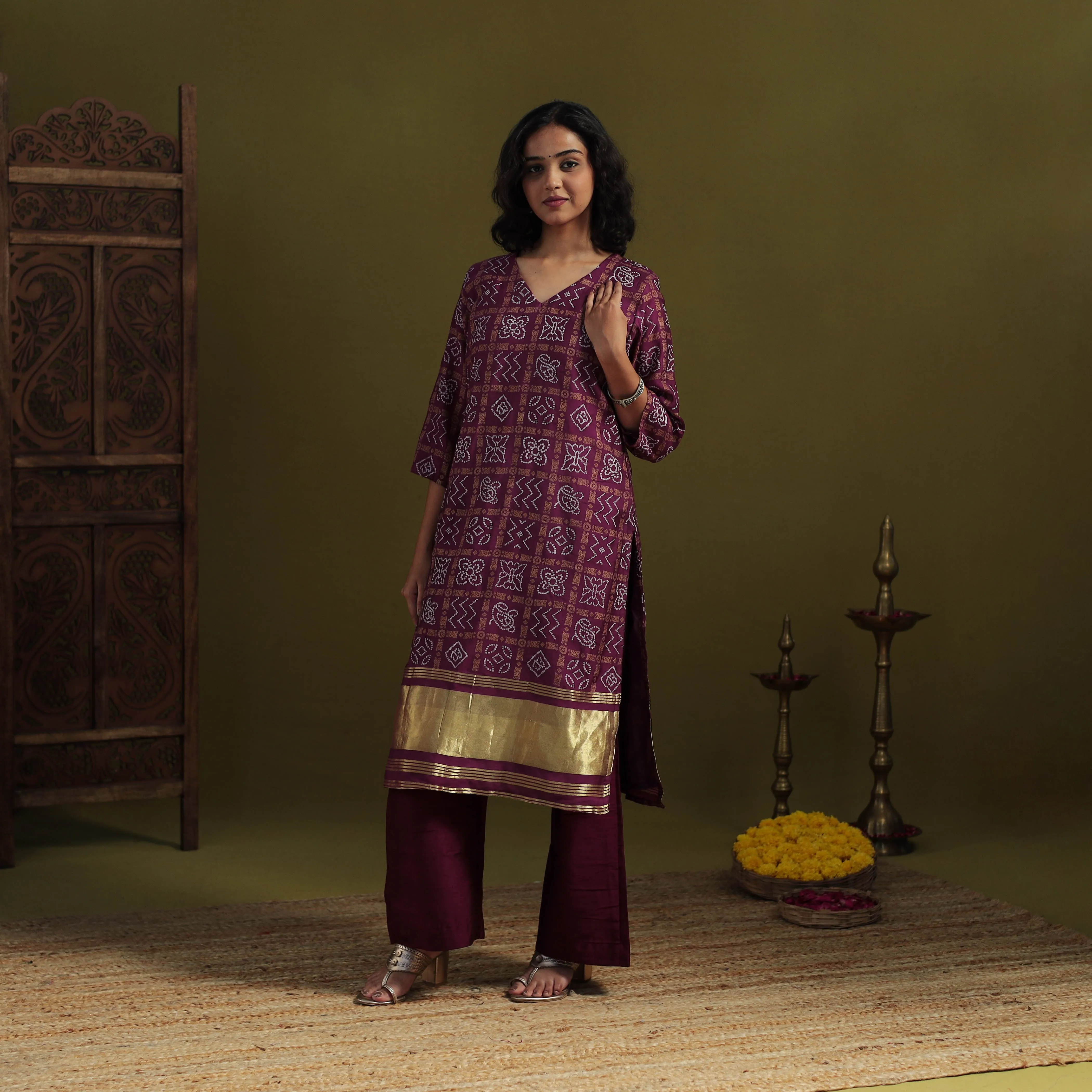 Purple - Silk Bandhani Kurta Set with Lagdi Patta (Set of 2) 01 sold by Itokri product image thumbnail 3