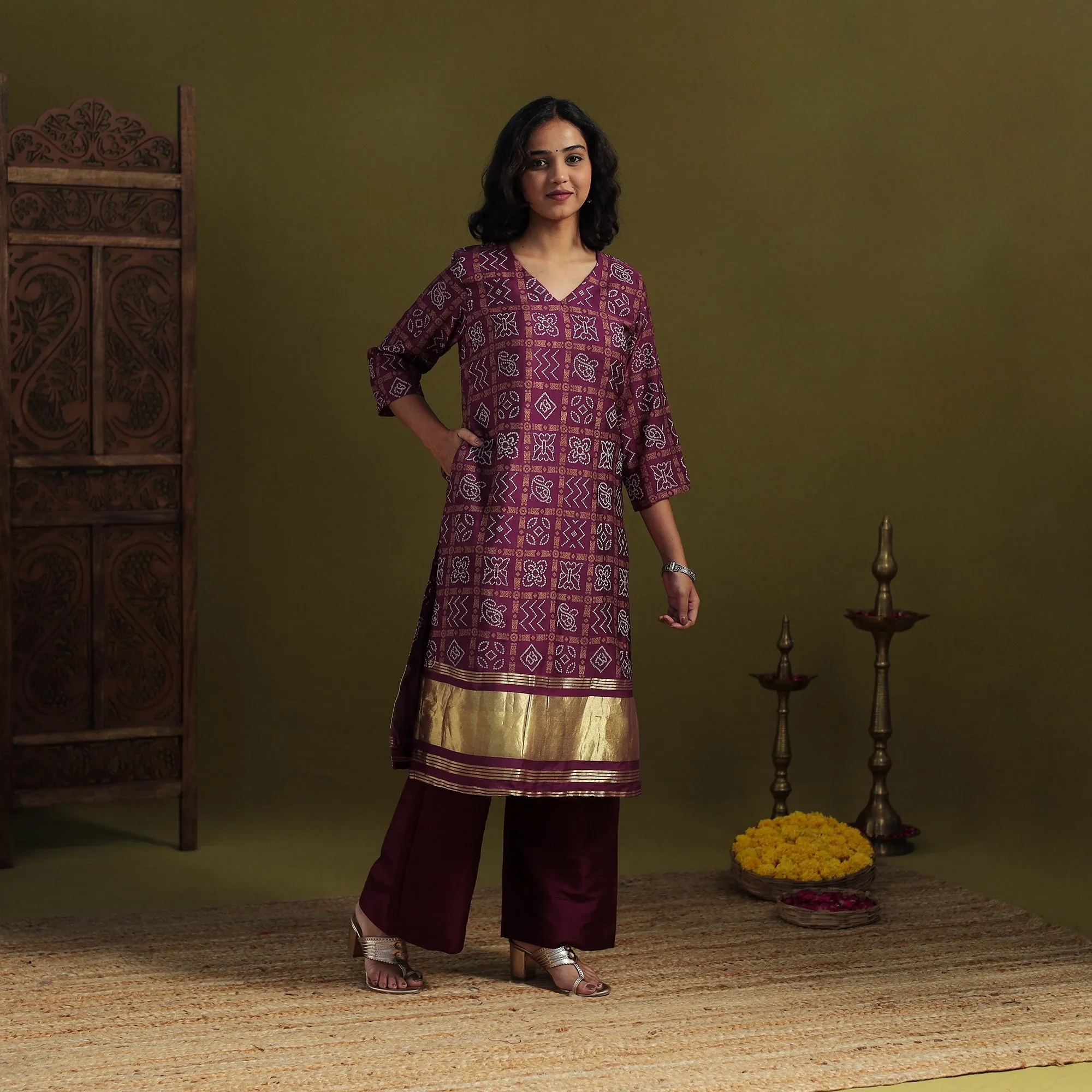 Purple - Silk Bandhani Kurta Set with Lagdi Patta (Set of 2) 01 sold by Itokri product image thumbnail 2