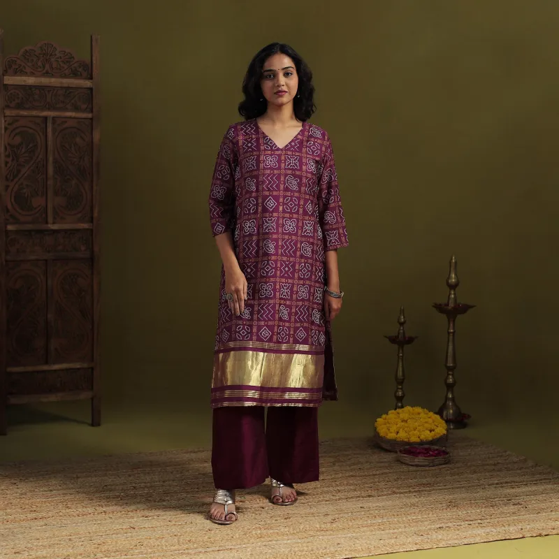 Purple - Silk Bandhani Kurta Set with Lagdi Patta (Set of 2) 01 made by Itokri