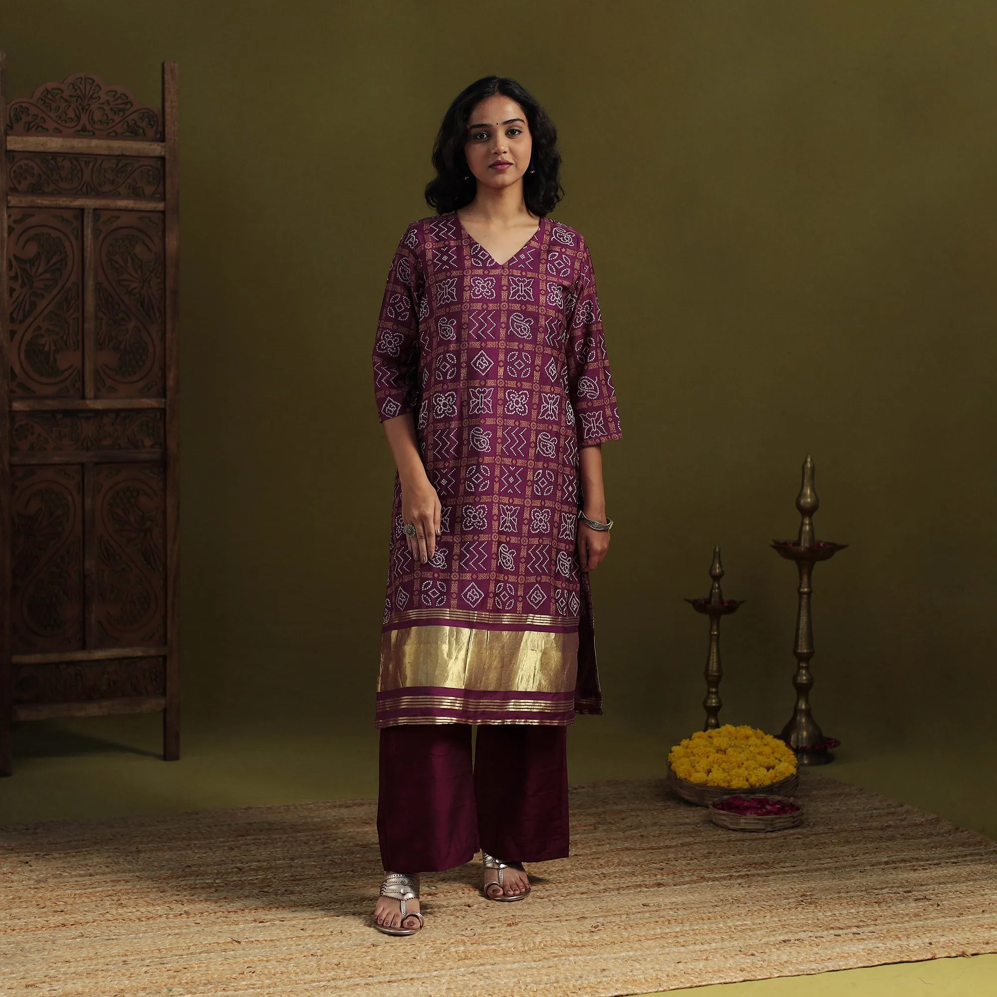 Purple - Silk Bandhani Kurta Set with Lagdi Patta (Set of 2) 01 sold by Itokri