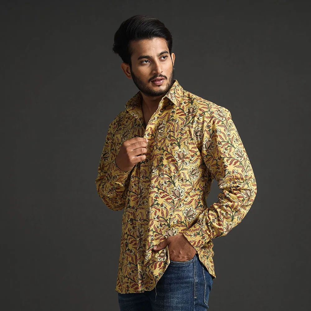 Yellow - Premium Pedana Kalamkari Block Printed Cotton Men Full Sleeve Shirt sold by Itokri product image thumbnail 4