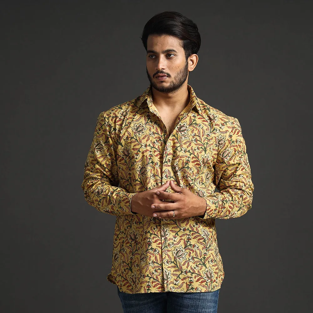 Yellow - Premium Pedana Kalamkari Block Printed Cotton Men Full Sleeve Shirt sold by Itokri