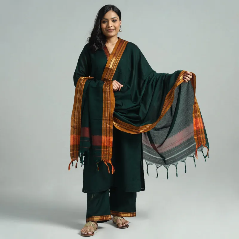 Dark Green - Dharwad Cotton Kurta with Palazzo & Dupatta Set made by Itokri