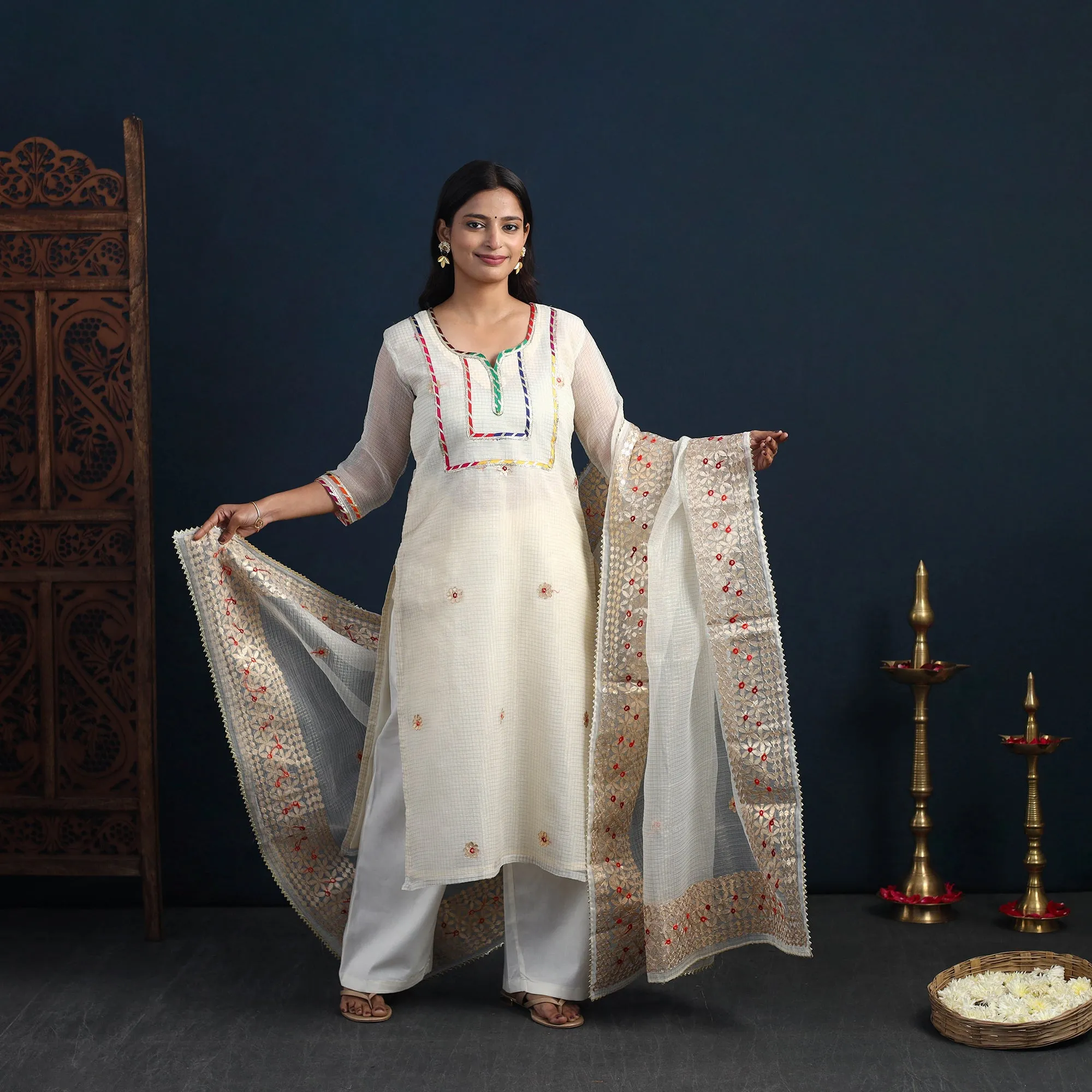 White - Elegant Gota Work Silk Kota Doria Kurta Set 05 sold by Itokri