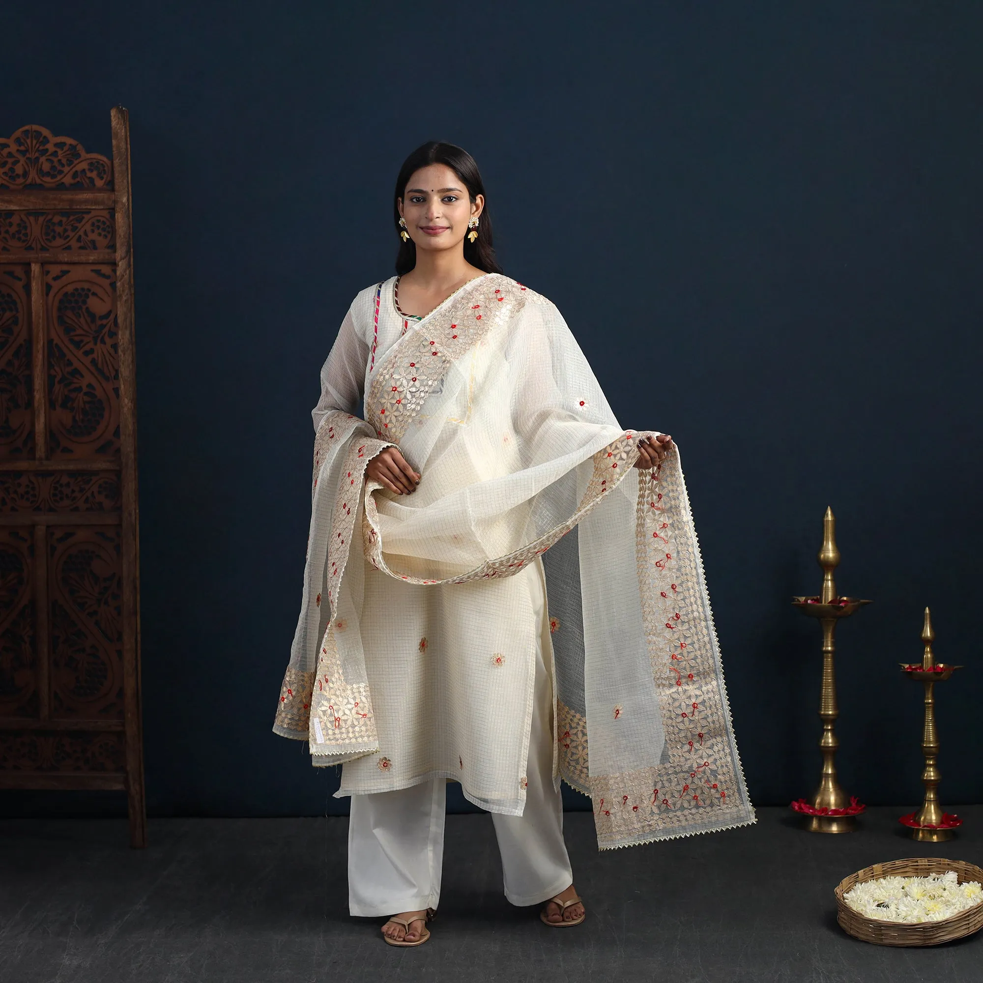 White - Elegant Gota Work Silk Kota Doria Kurta Set 05 sold by Itokri product image thumbnail 2