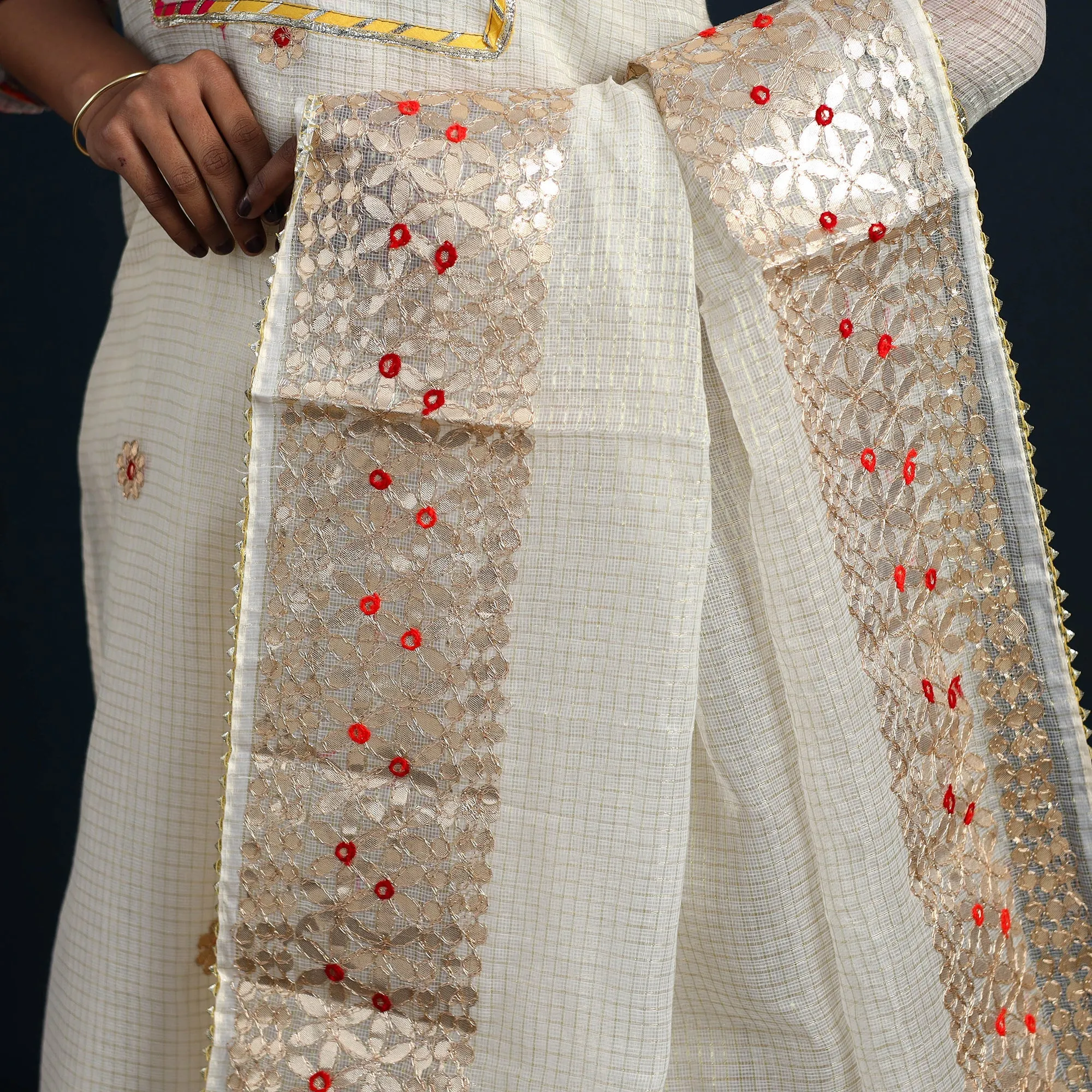 White - Elegant Gota Work Silk Kota Doria Kurta Set 05 sold by Itokri product image thumbnail 5