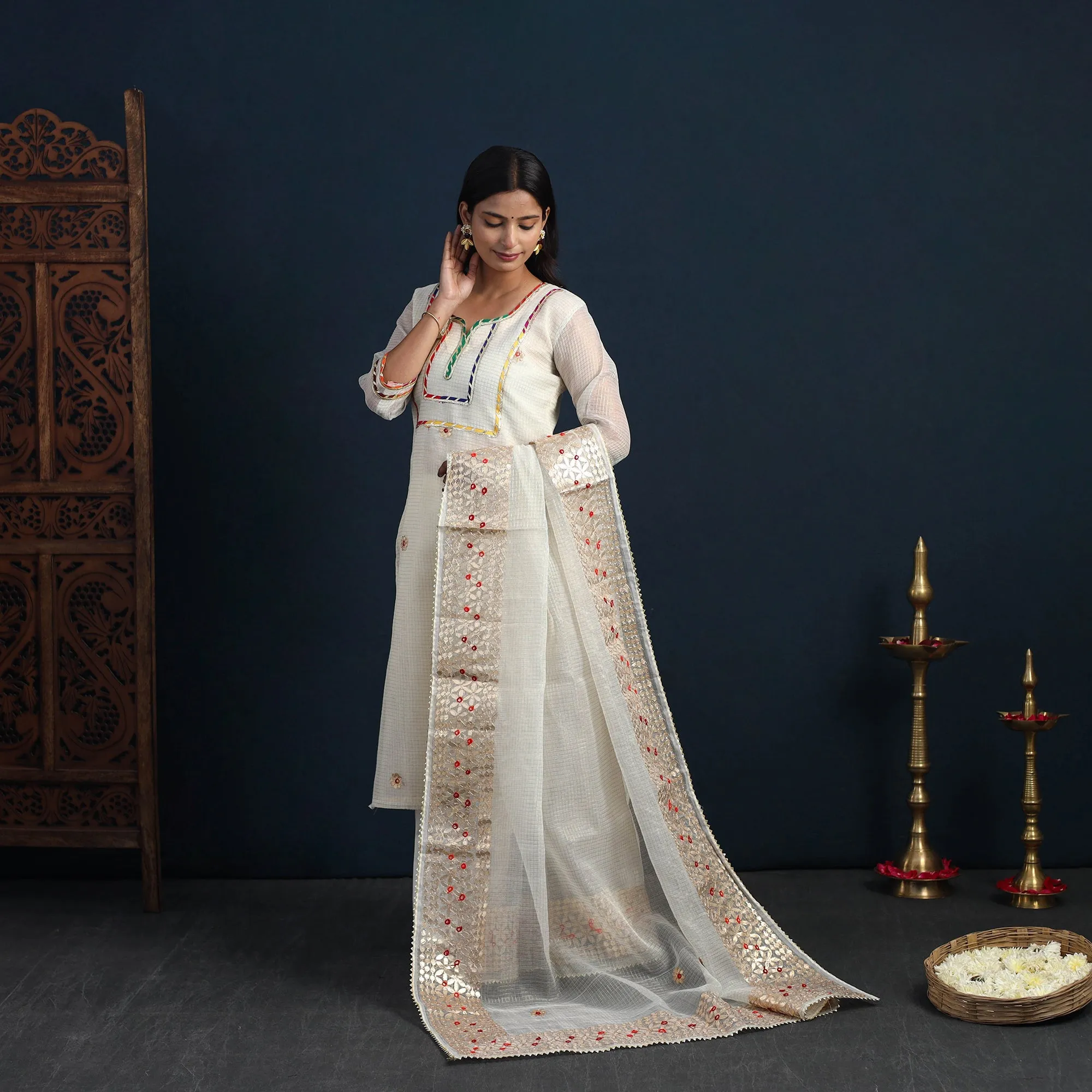 White - Elegant Gota Work Silk Kota Doria Kurta Set 05 sold by Itokri product image thumbnail 3