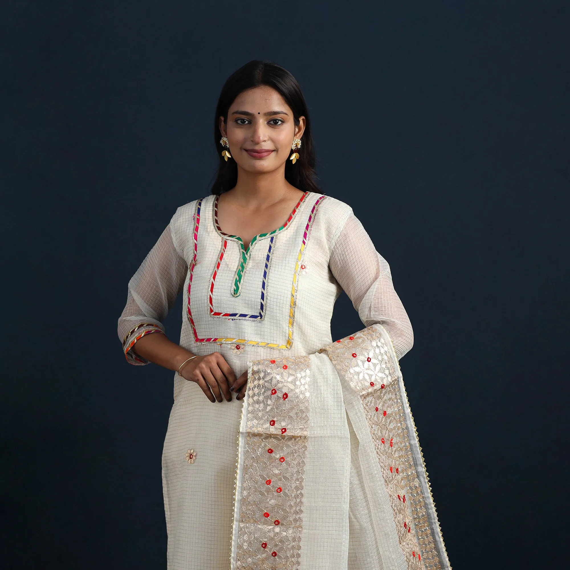 White - Elegant Gota Work Silk Kota Doria Kurta Set 05 sold by Itokri product image thumbnail 4