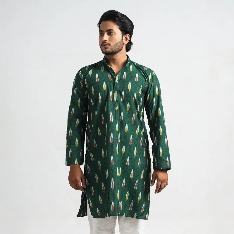Dark Green - Pochampally Ikat Cotton Men Long Kurta sold by Itokri