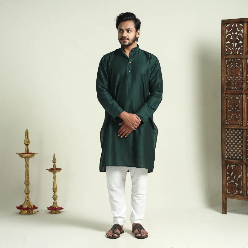 Dark Green - Plain Dyed Slub Silk Men Long Kurta sold by Itokri