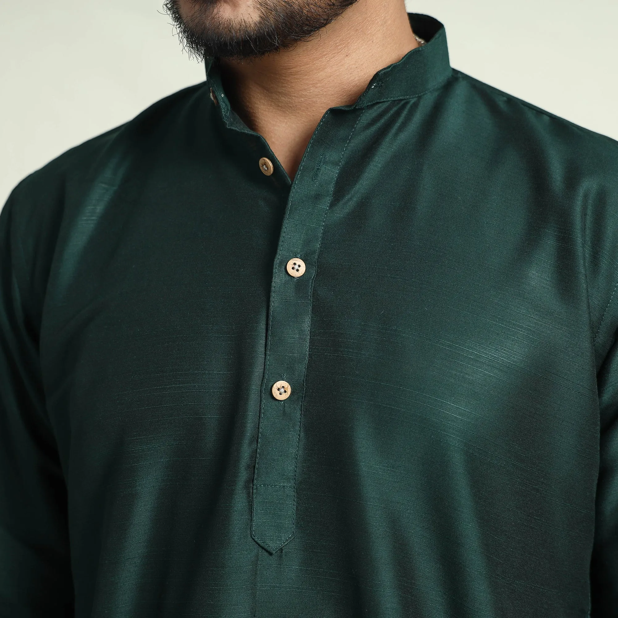 Dark Green - Plain Dyed Slub Silk Men Long Kurta sold by Itokri product image thumbnail 5