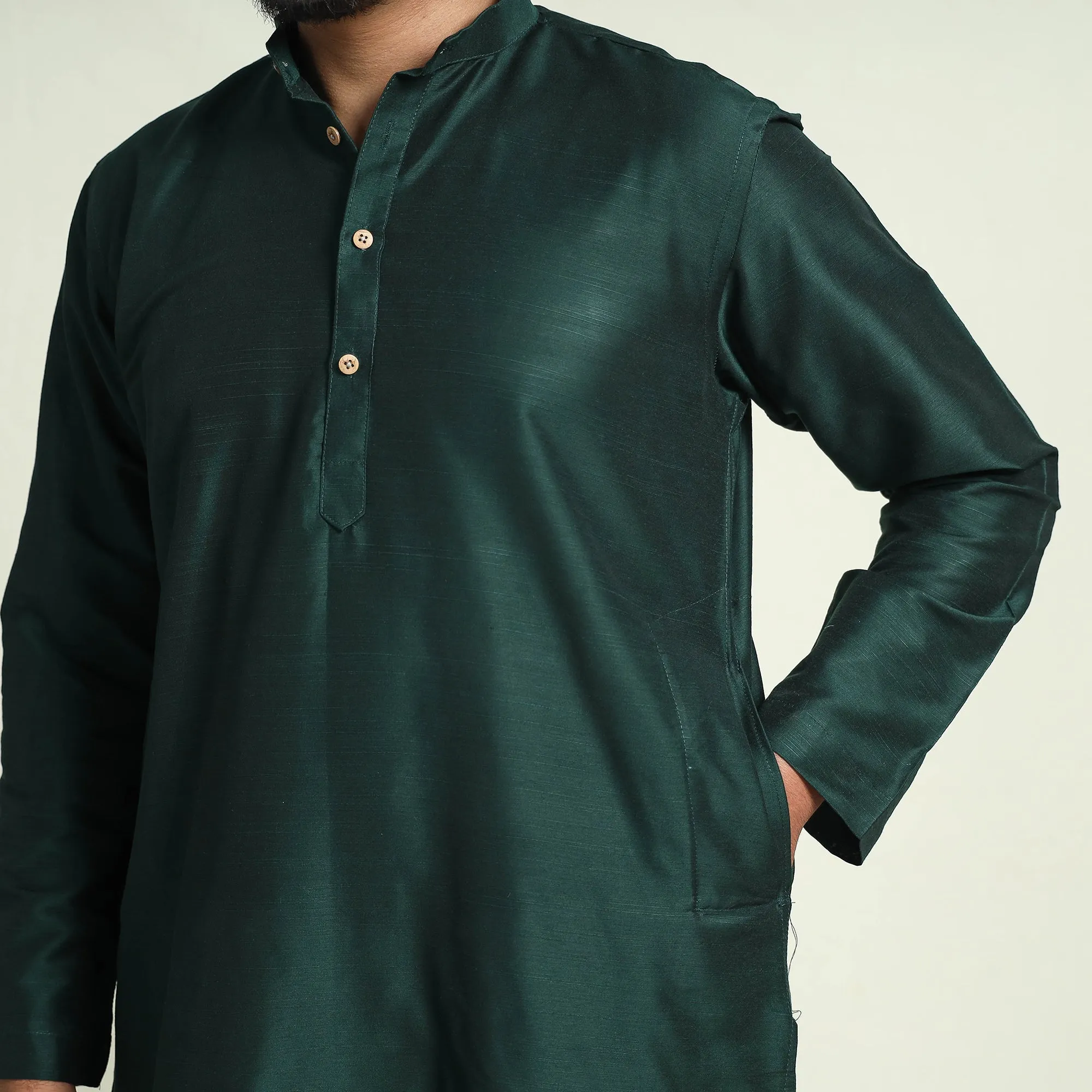 Dark Green - Plain Dyed Slub Silk Men Long Kurta sold by Itokri product image thumbnail 4