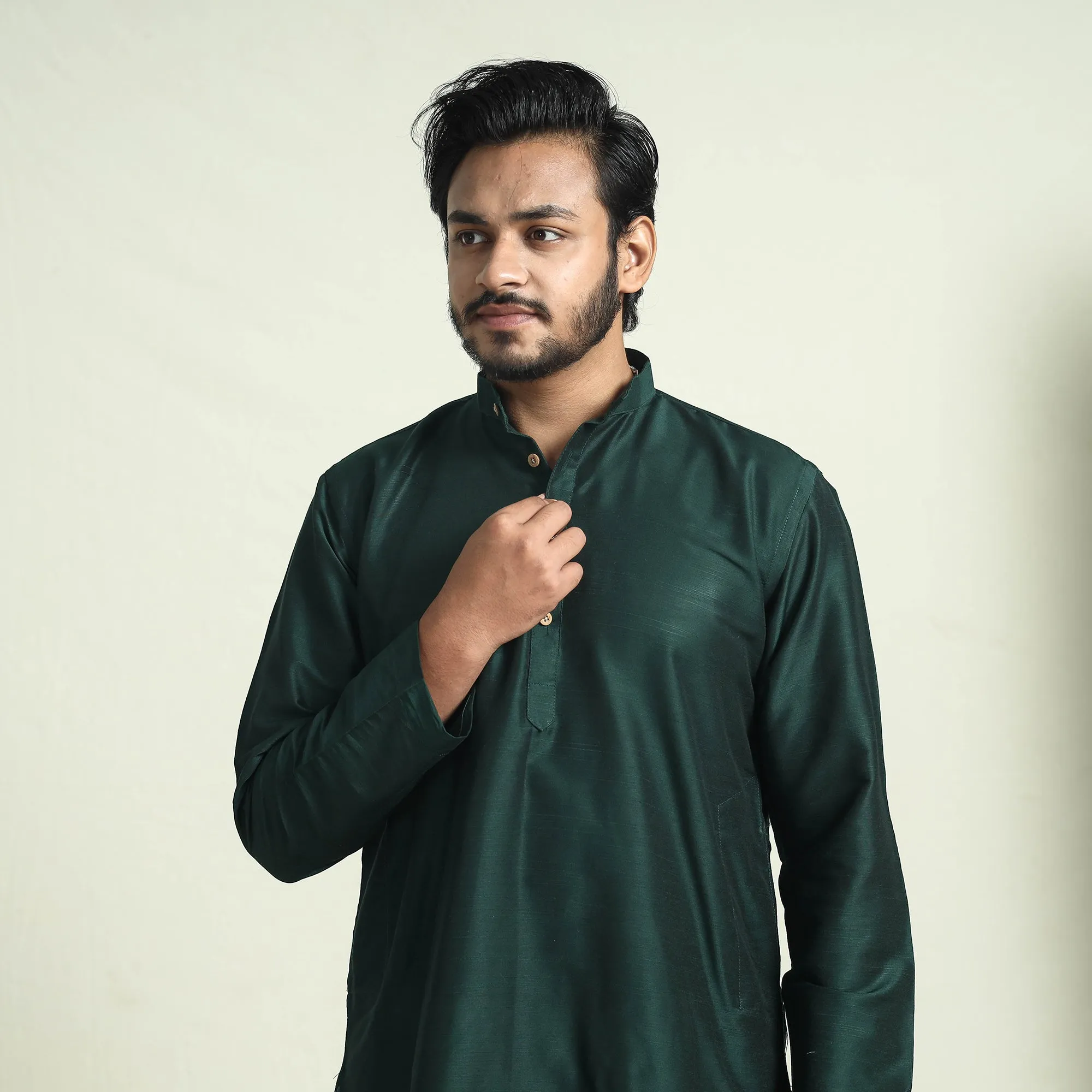 Dark Green - Plain Dyed Slub Silk Men Long Kurta sold by Itokri product image thumbnail 3