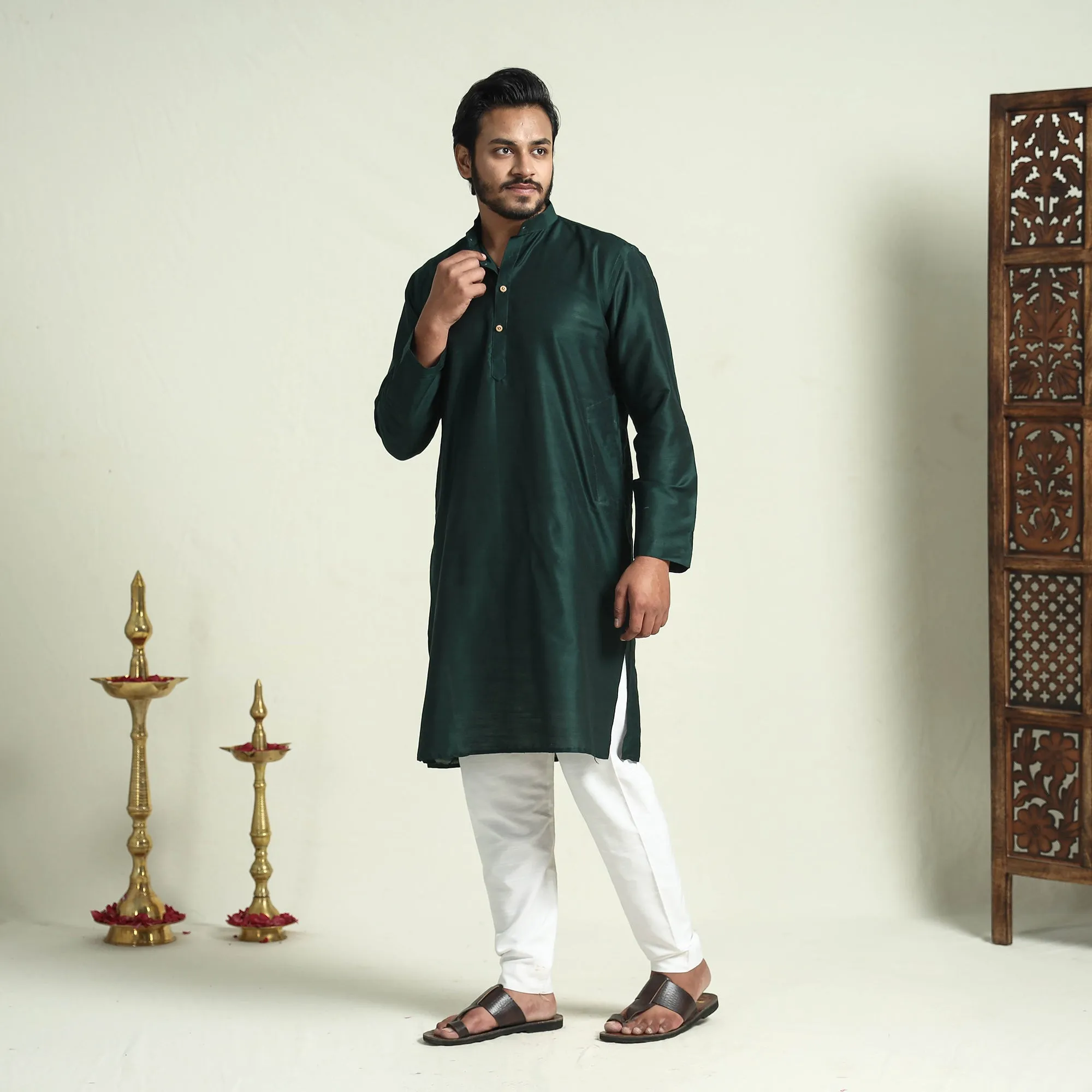 Dark Green - Plain Dyed Slub Silk Men Long Kurta sold by Itokri product image thumbnail 2