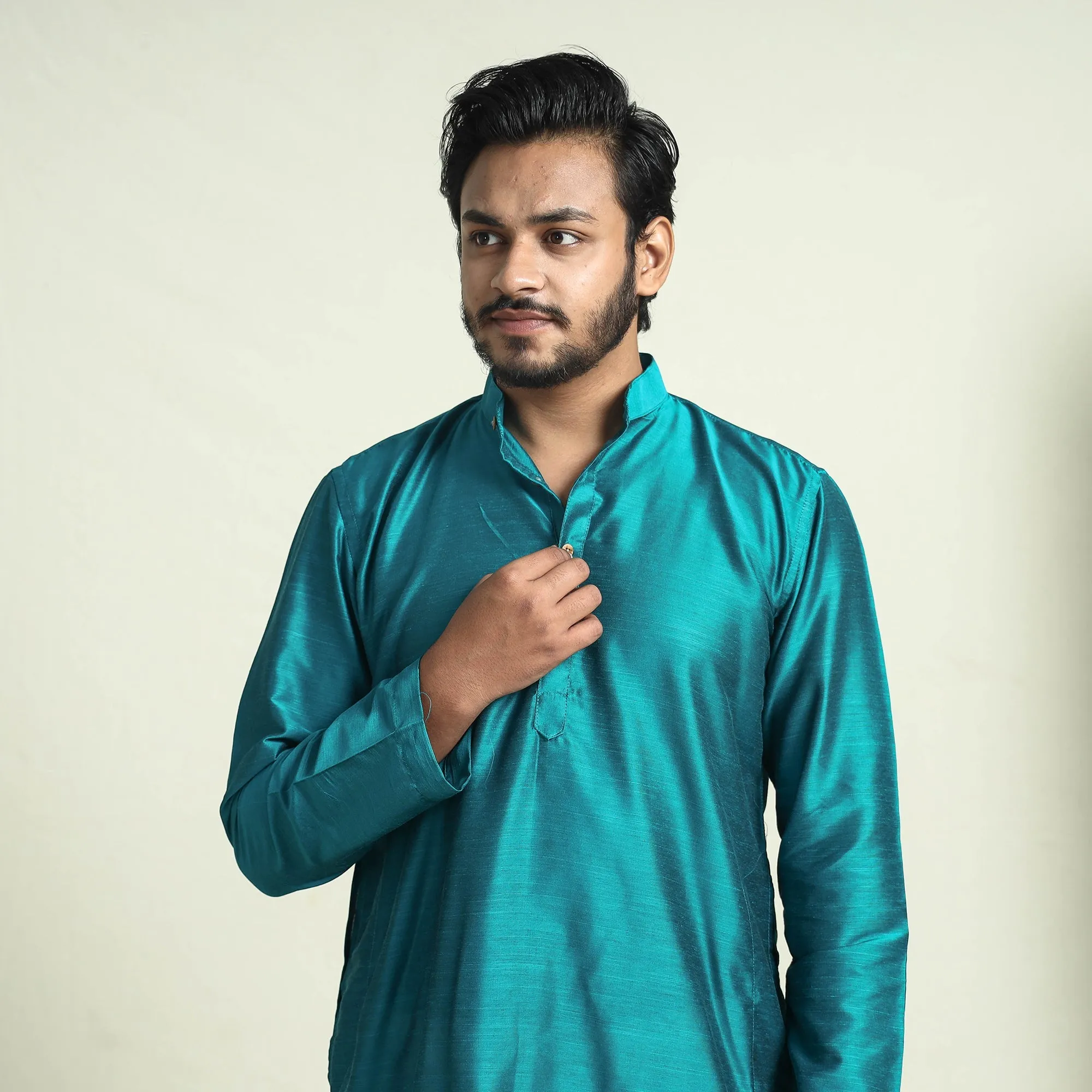 Blue - Plain Dyed Slub Silk Men Long Kurta sold by Itokri product image thumbnail 3