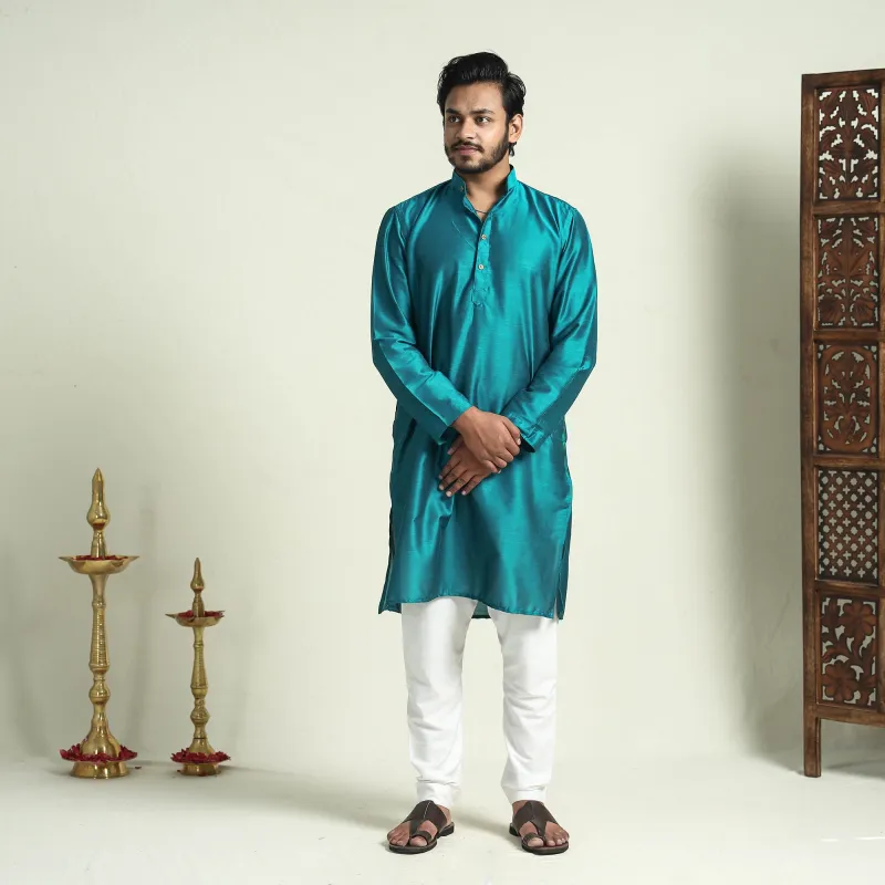 Blue - Plain Dyed Slub Silk Men Long Kurta made by Itokri