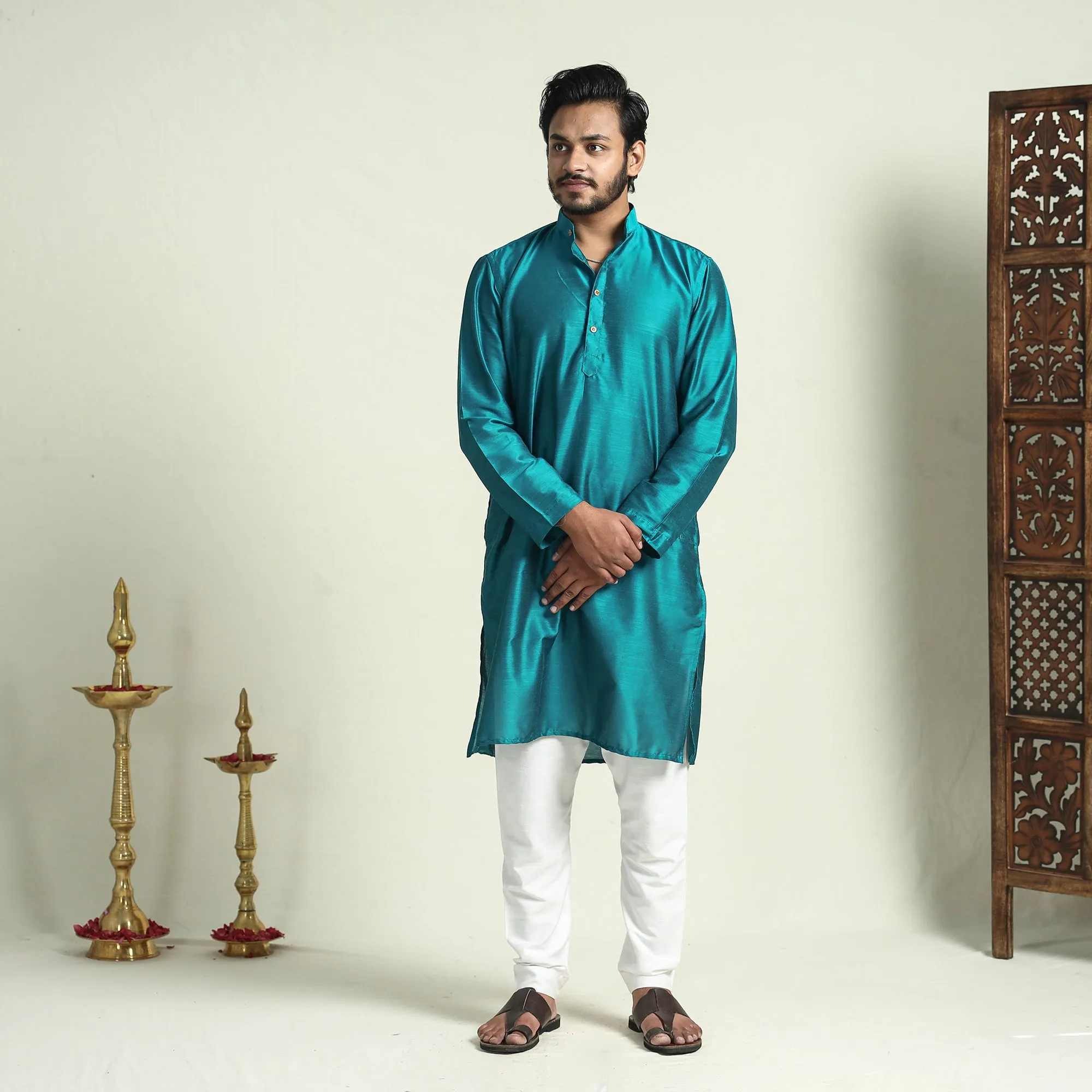 Blue - Plain Dyed Slub Silk Men Long Kurta sold by Itokri