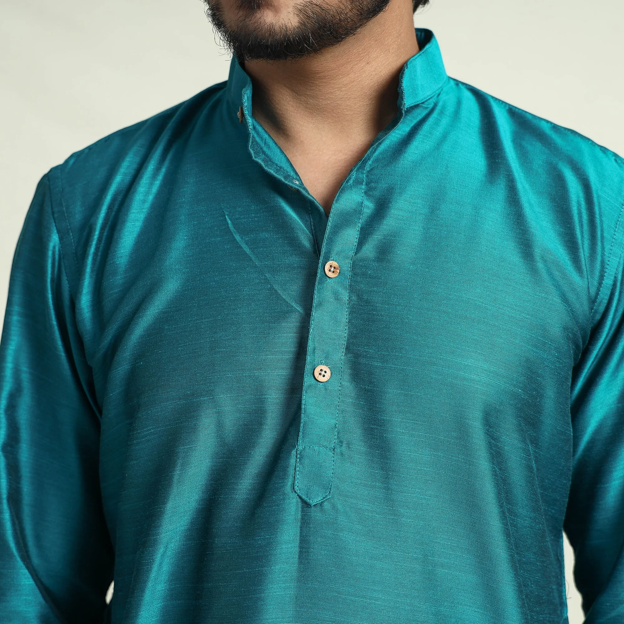 Blue - Plain Dyed Slub Silk Men Long Kurta sold by Itokri product image thumbnail 5