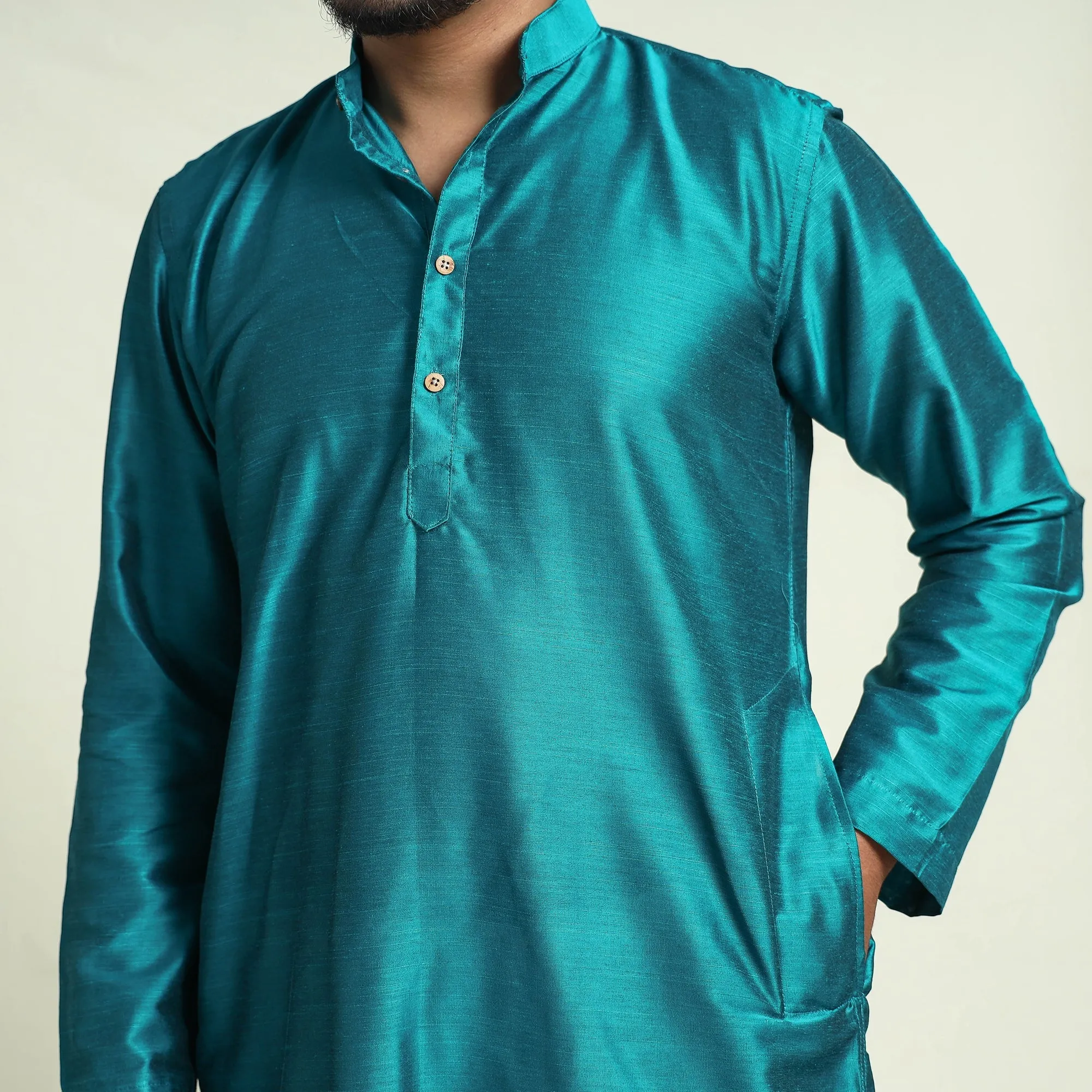 Blue - Plain Dyed Slub Silk Men Long Kurta sold by Itokri product image thumbnail 4