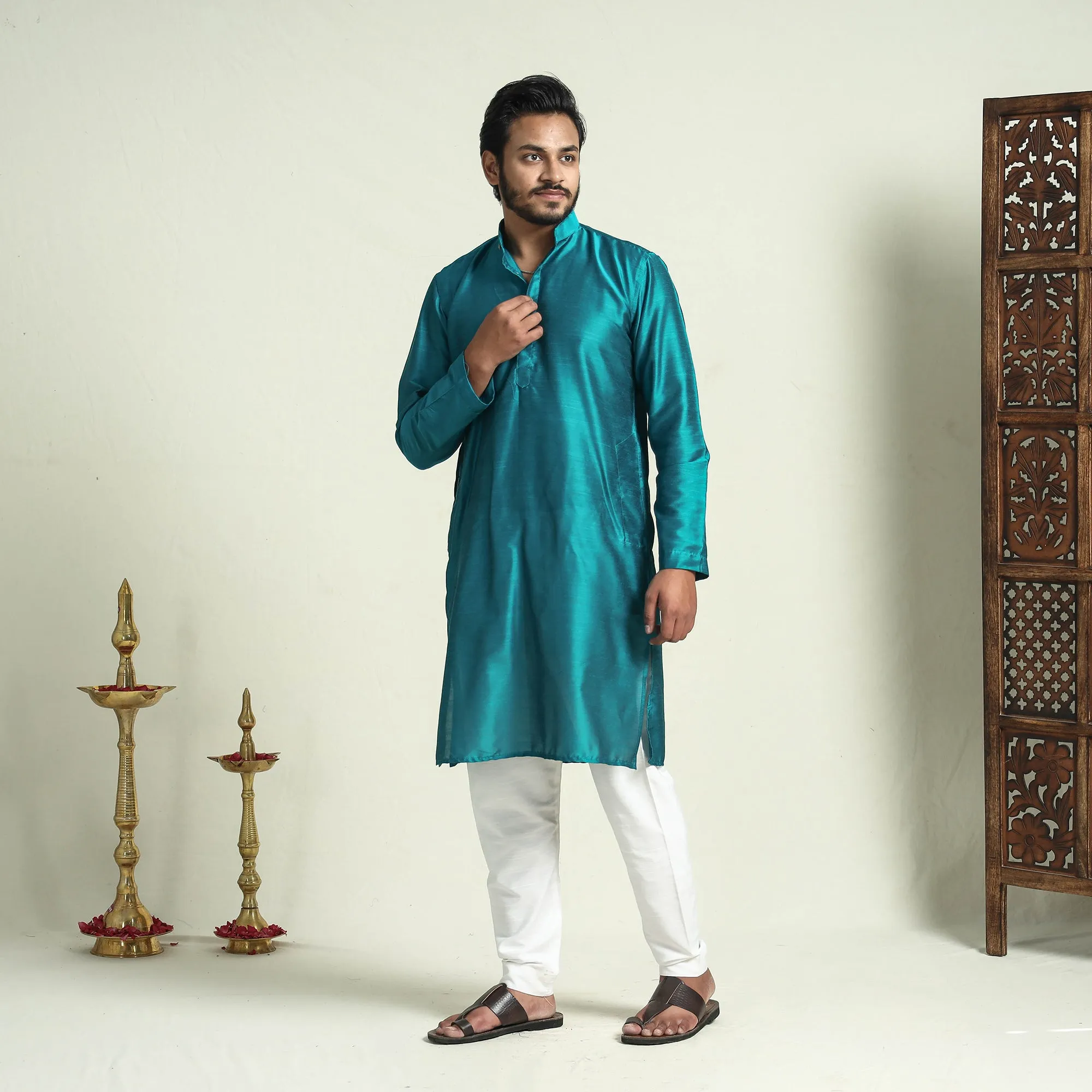 Blue - Plain Dyed Slub Silk Men Long Kurta sold by Itokri product image thumbnail 2