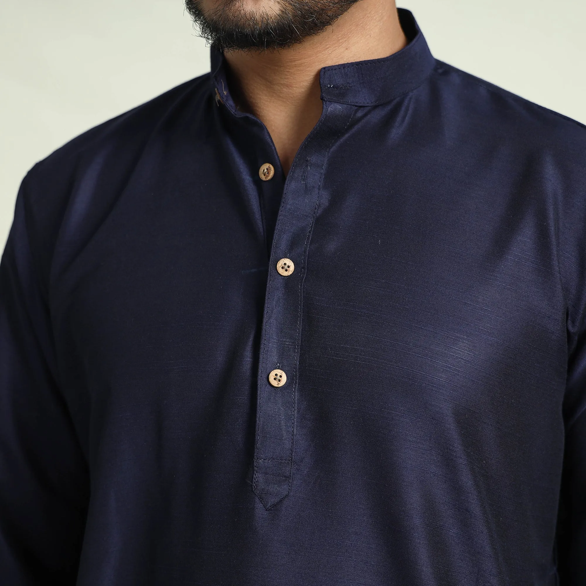 Navy Blue - Plain Dyed Slub Silk Men Long Kurta sold by Itokri product image thumbnail 5