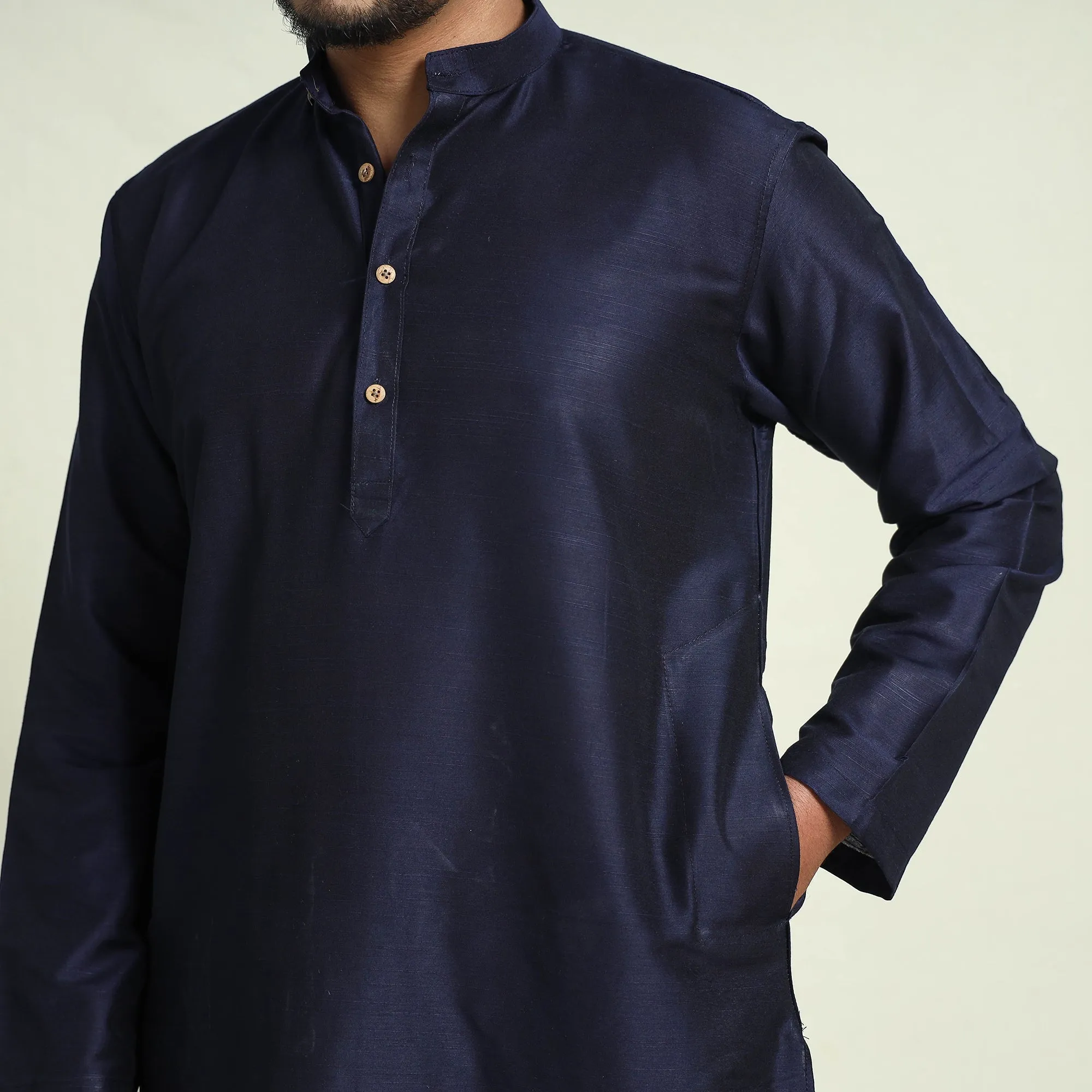 Navy Blue - Plain Dyed Slub Silk Men Long Kurta sold by Itokri product image thumbnail 4