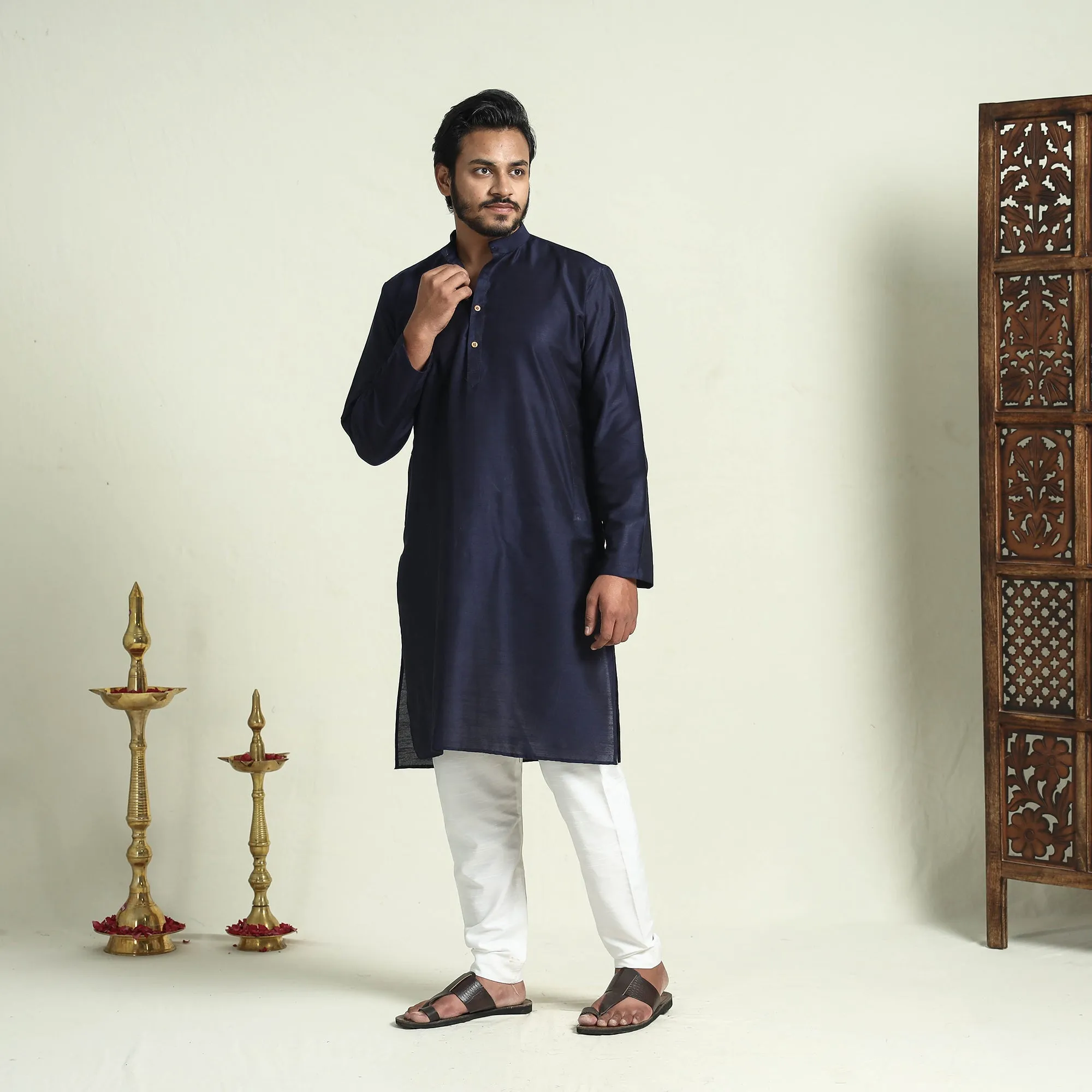 Navy Blue - Plain Dyed Slub Silk Men Long Kurta sold by Itokri product image thumbnail 2