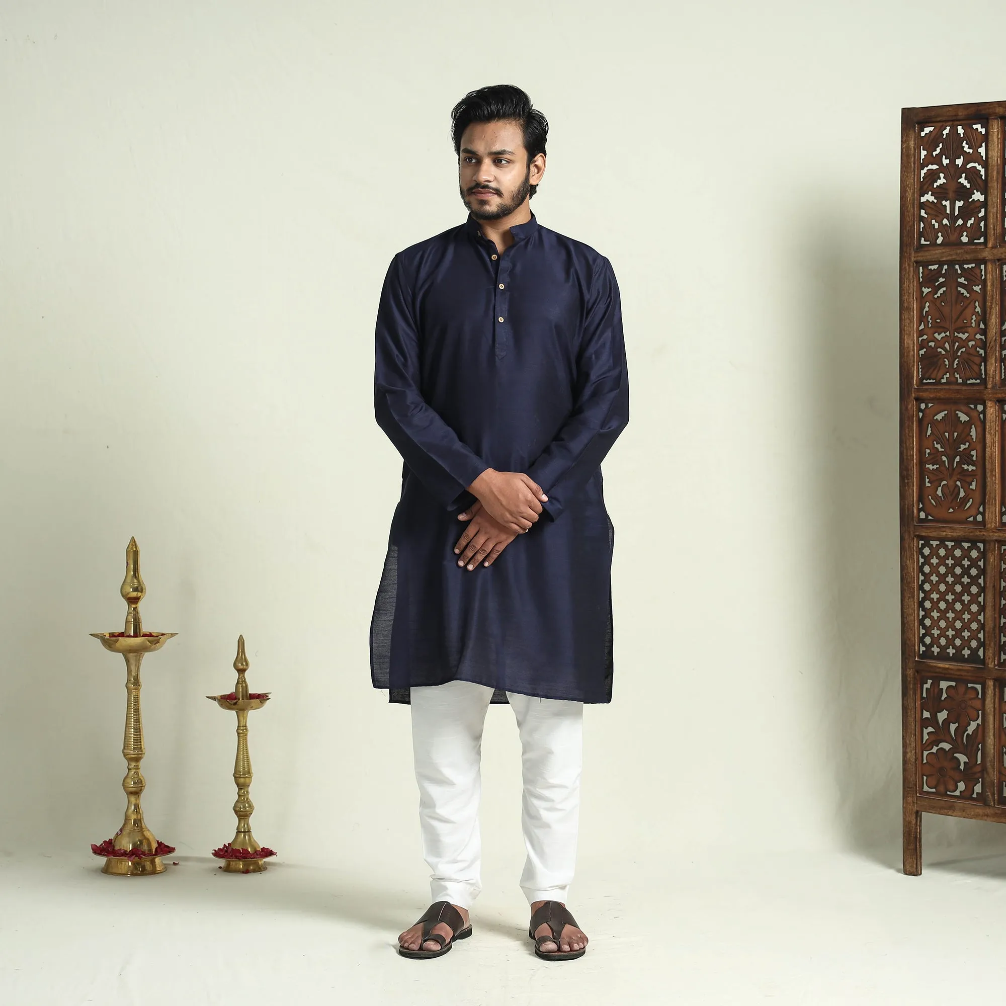 Navy Blue - Plain Dyed Slub Silk Men Long Kurta sold by Itokri