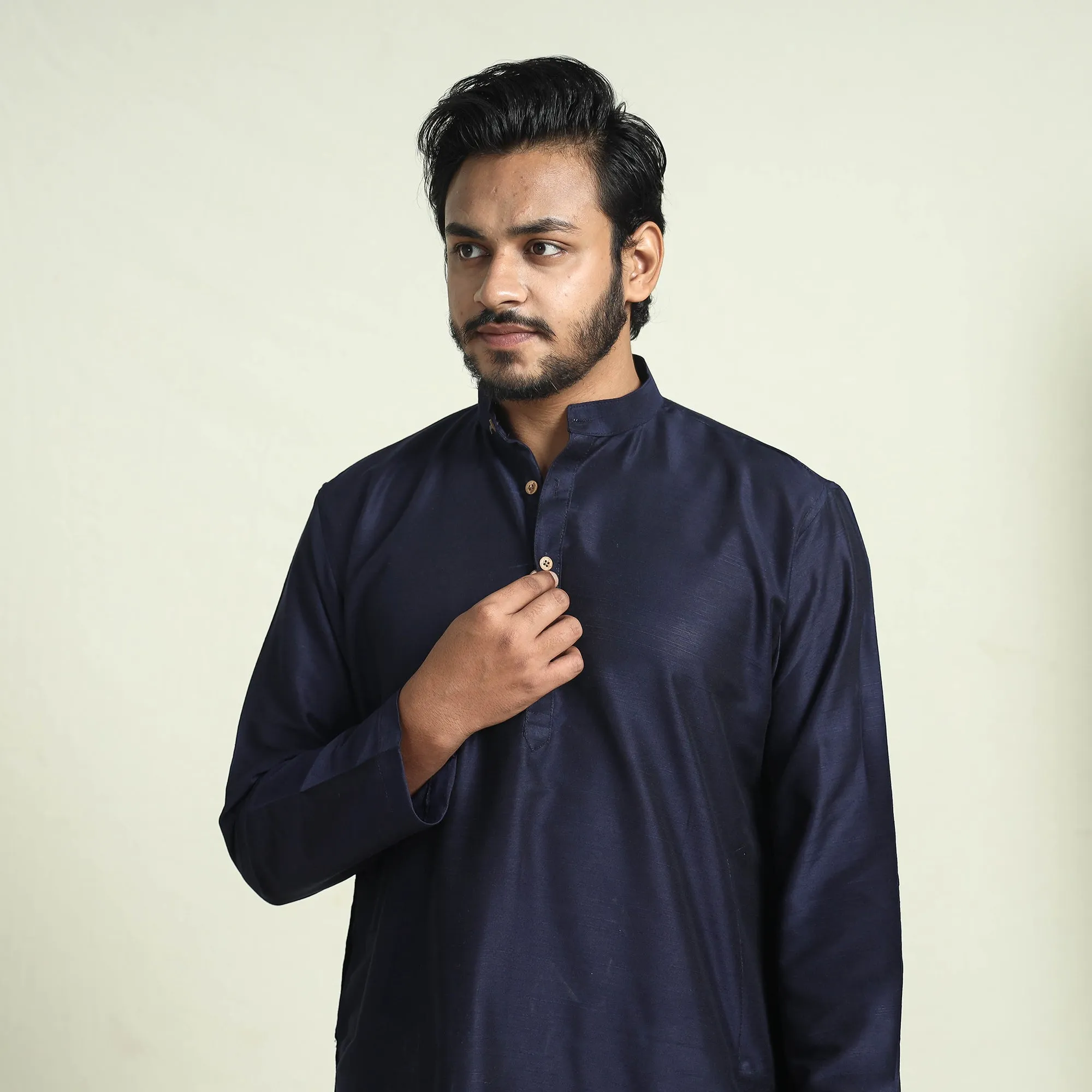 Navy Blue - Plain Dyed Slub Silk Men Long Kurta sold by Itokri product image thumbnail 3